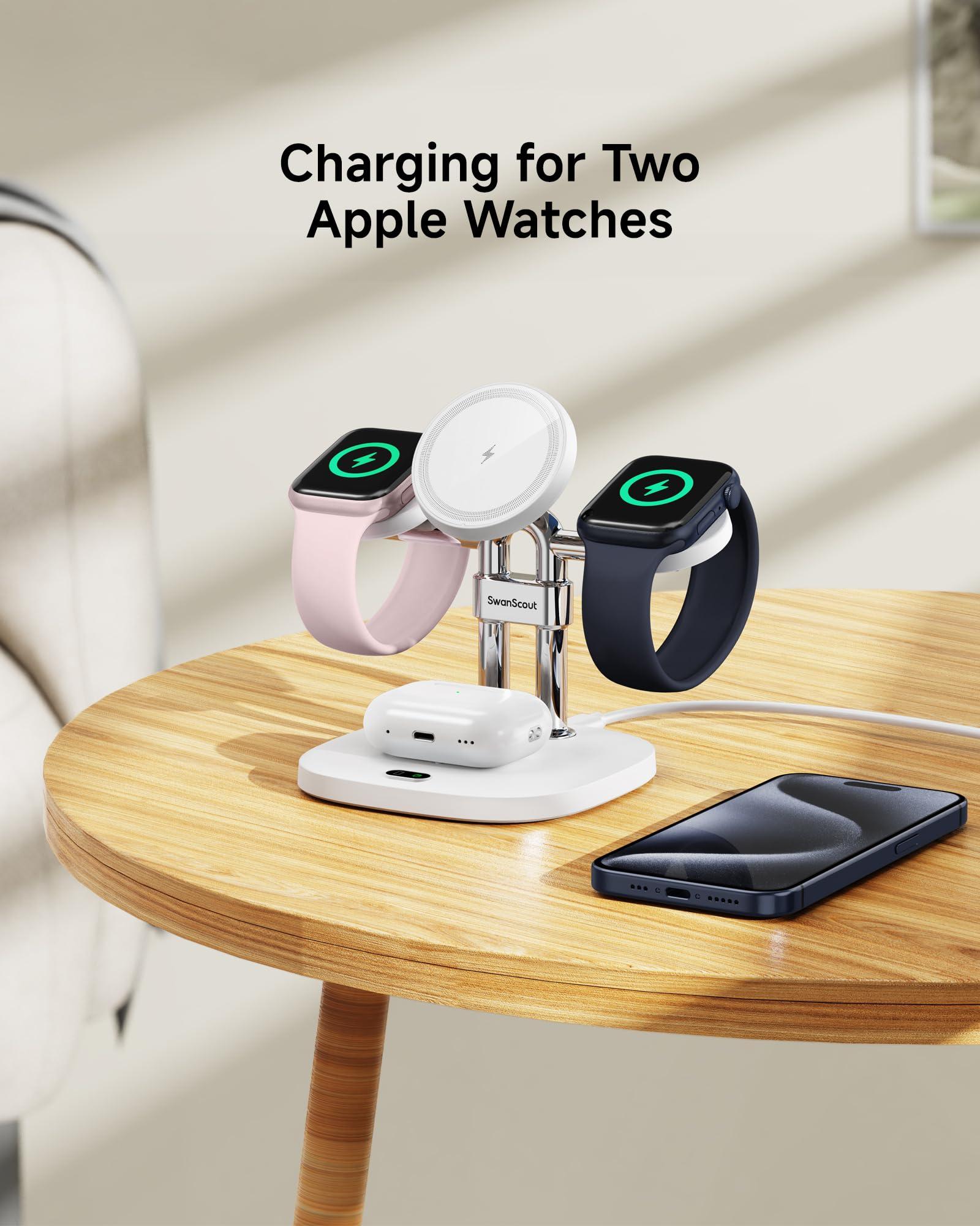 SwanScout Dual Fast Charger for Apple Watch 10/9, Magnetic Wireless Charger Stand for iPhone 16 15 14 13 12, 4 in 1 Charging Station for Apple Watch Series 10 9 8 7 6/SE/Ultra, Airpods, SwanScout 709M - Image 7