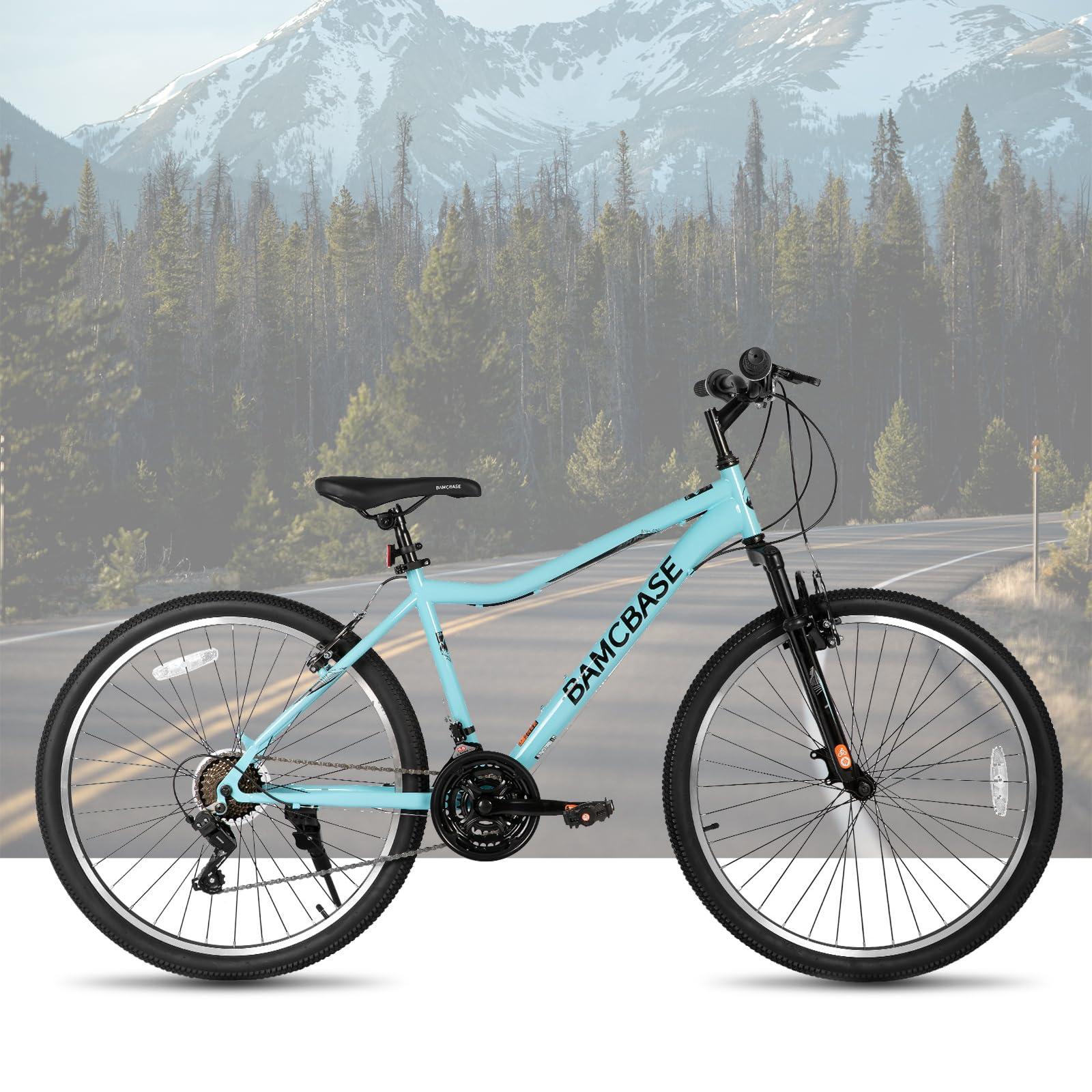 HILAND 26 Inch Womens and Mens Mountain Bike, 21 Speed Steel Frame Adult Bicycle, MTB with Suspension Fork, Purple Green White - Image 6
