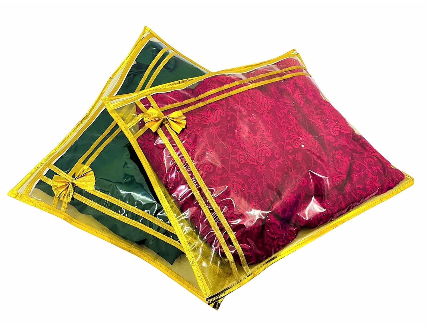 10 piece transparent single Saree/Suit Packing Sari Cover/Bag Organizer with zip for Wardrobe Storage and wedding gifting,dress covers (Golden, Pack of 10) - Image 4