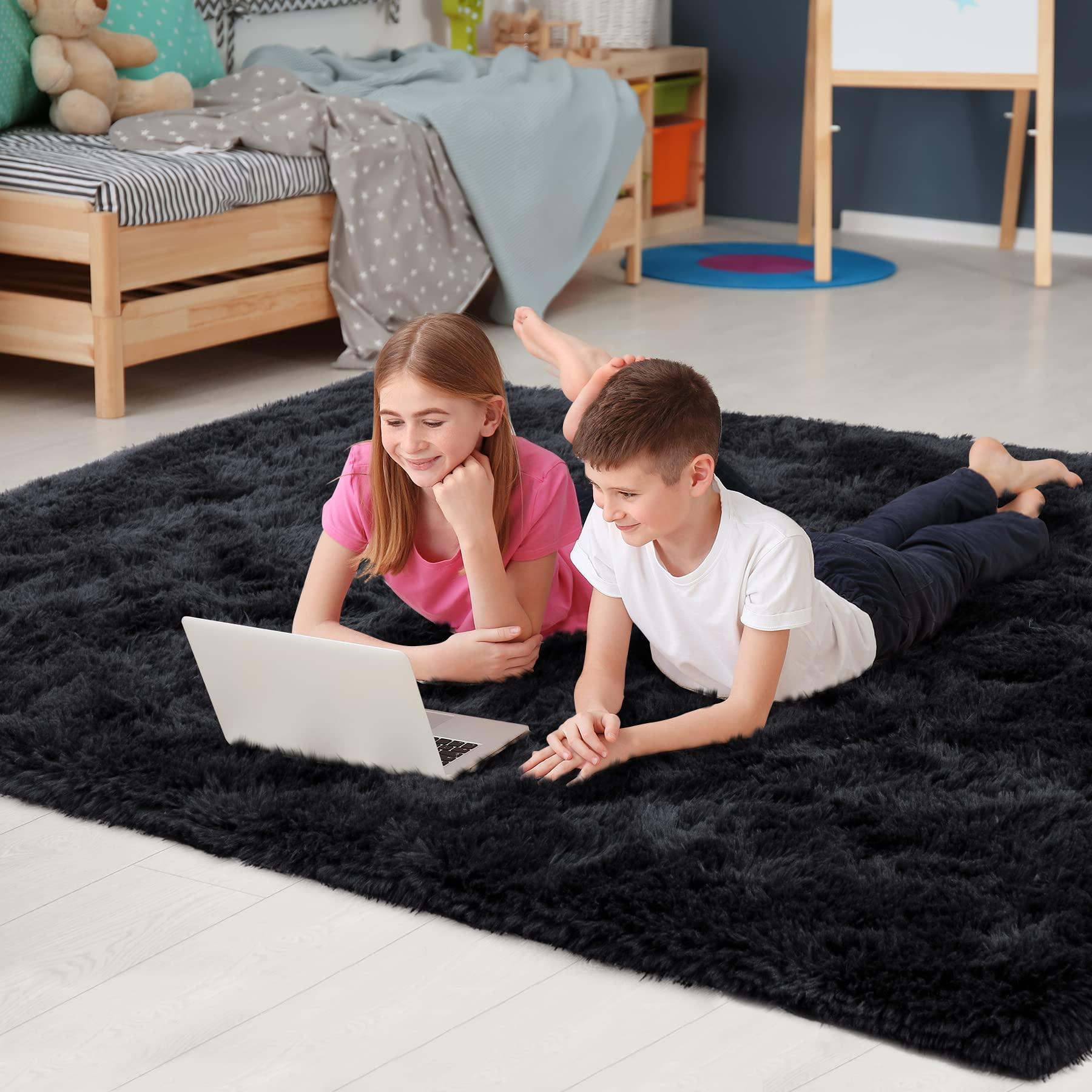 Noahas Fluffy Black Area Rugs for Bedroom Living Room,4x5.3 Feet Thick Shag Throw Floor Carpet,Soft Shaggy Non-Slip Plush Dorm Nursery Kids Rug Home Decor Aesthetic - Image 5