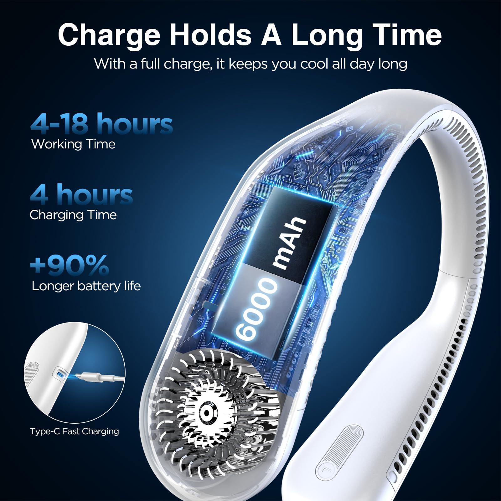 Hotsales Neck Fan, Hands Free Bladeless Neck Fans Portable Rechargeable, 6000 mAh Battery Operated Wearable Personal Fan, Cooling Neck Fan, 3 Speeds, USB Fan Gifts for Men, Women, Travel, Outdoor - Image 4