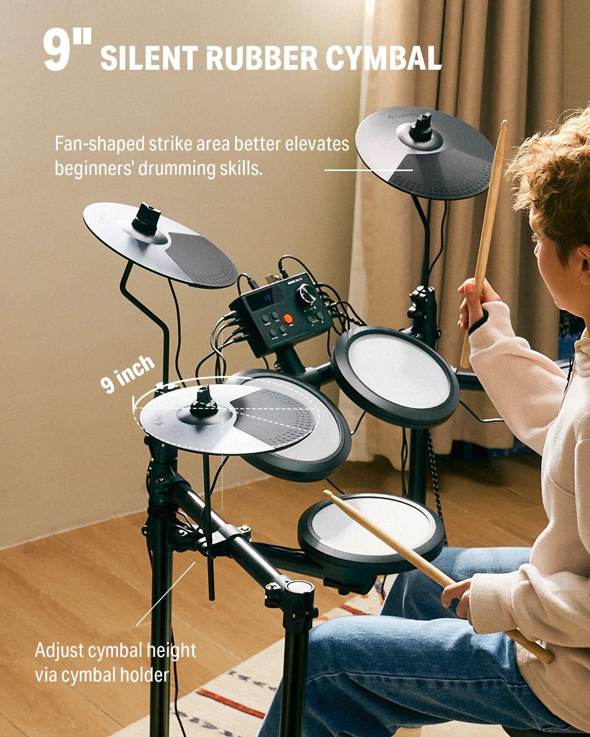Donner Electric Drum Set, DED-70 Electronic Drum Kit for Beginner with 150 Sounds, 4 Quiet Mesh Pads, 9" Cymbals, USB MIDI, Type-C Charging, 2 Pedal, Throne, Headphones, Sticks, Melodics Lessons - Image 4