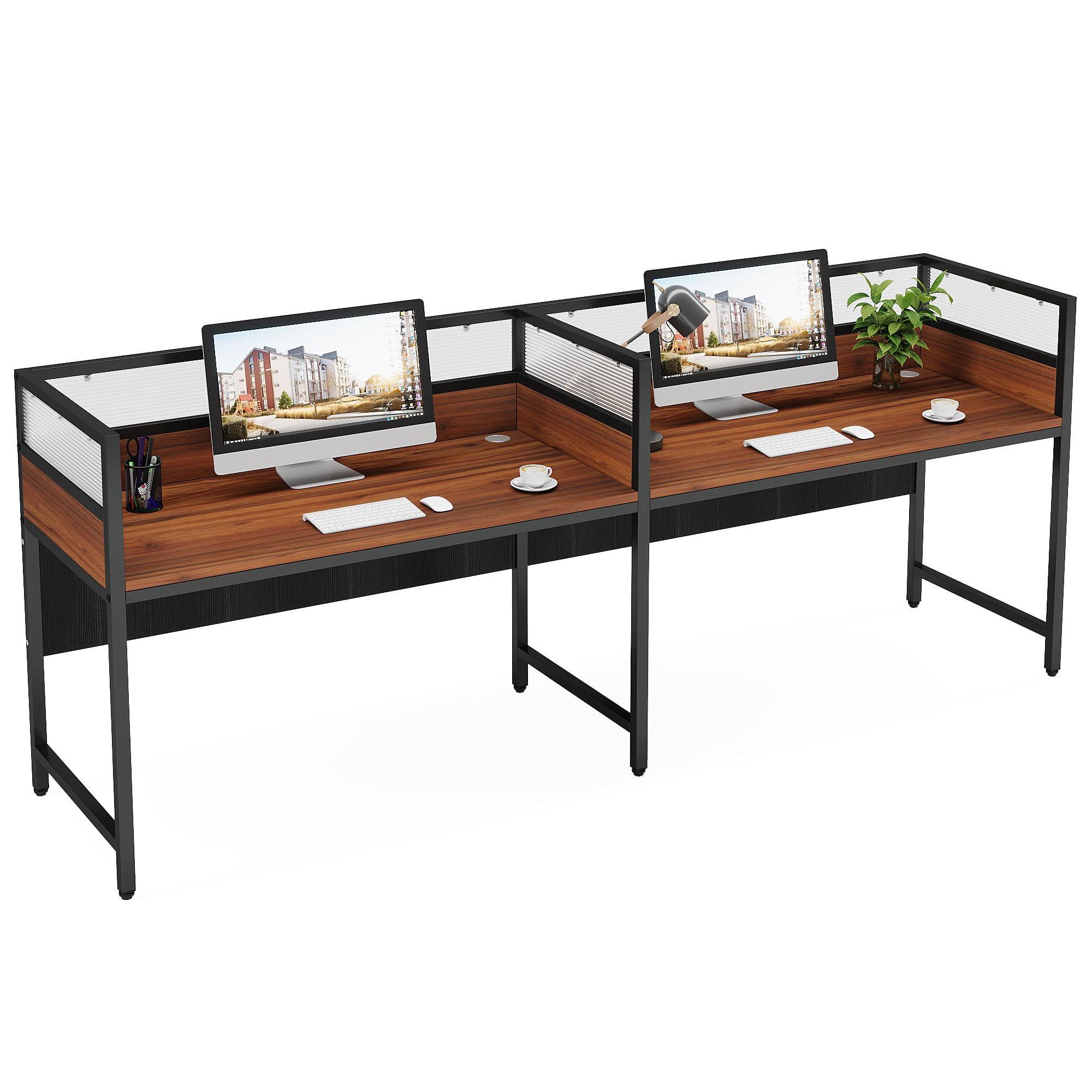 Tribesigns 94.48" Two-Person Office Desk with Privacy Panel, Long Computer Double Desk for 2 People, Modular Workstation Table with Wire Grommet for Office, Brown & Black - Image 9