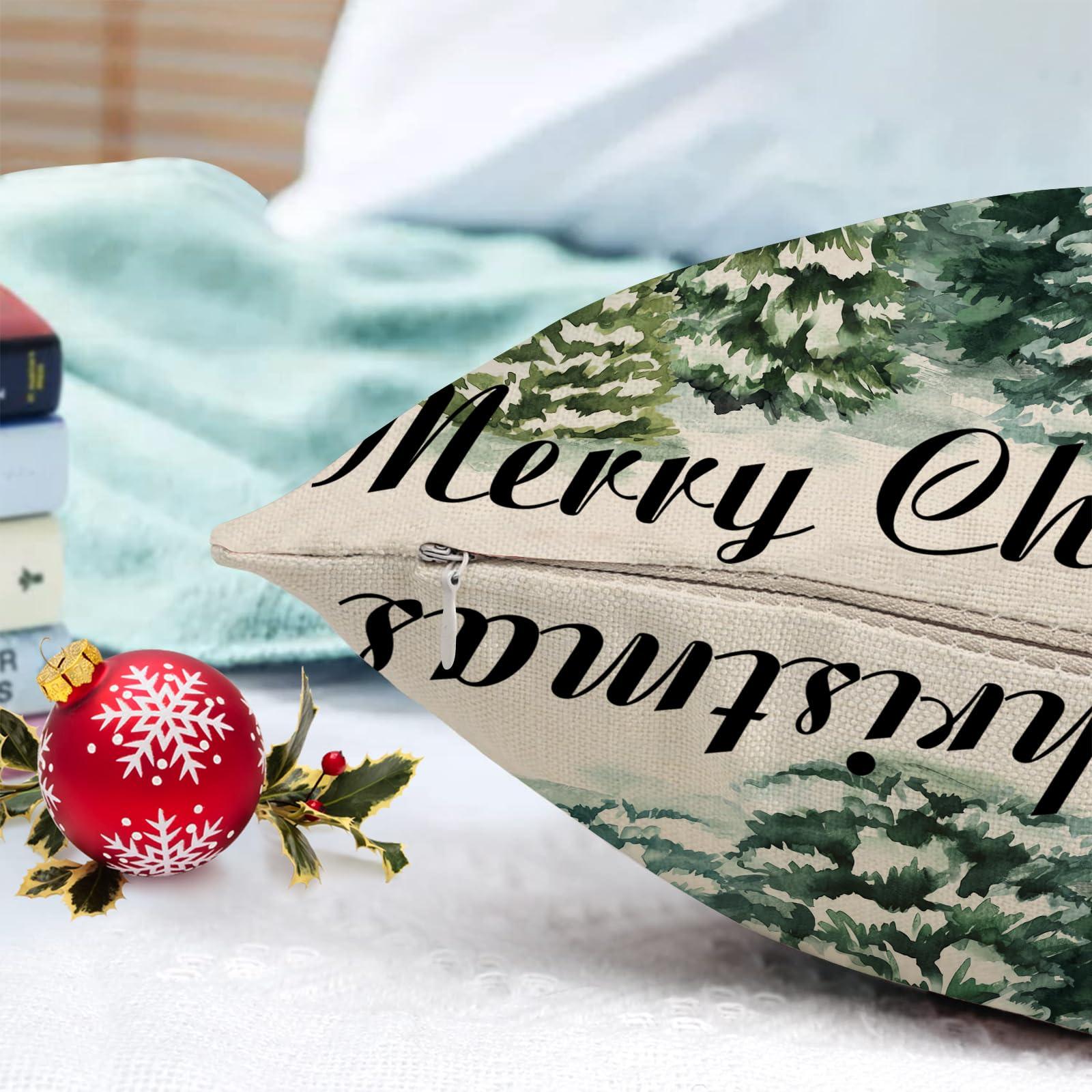 GOOESING Merry Christmas Pillow Covers 16x24 Inch Watercolor Green Christmas Tree Nature Forest Linen Decorative Throw Pillow Cover Cushion Case for Indoor Outdoor Home Sofa Bedroom Living Room - Image 3