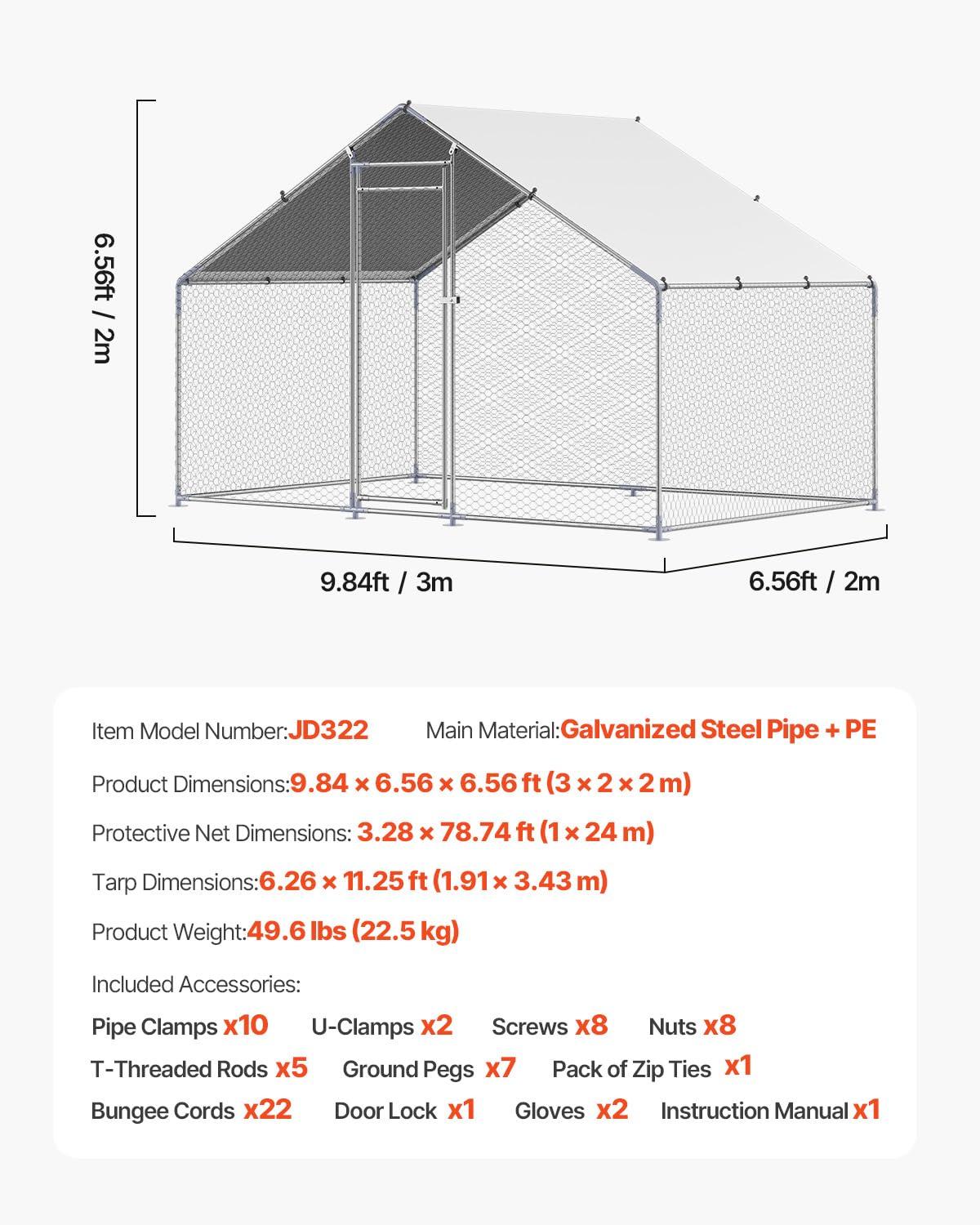 VEVOR Large Metal Chicken Coop with Run, Walkin Chicken Coop for Yard with Waterproof Cover, 6.5 x 9.8 x 6.5 ft, Spire Roof Large Poultry Cage for Hen House, Duck Coop and Rabbit Run - Image 3