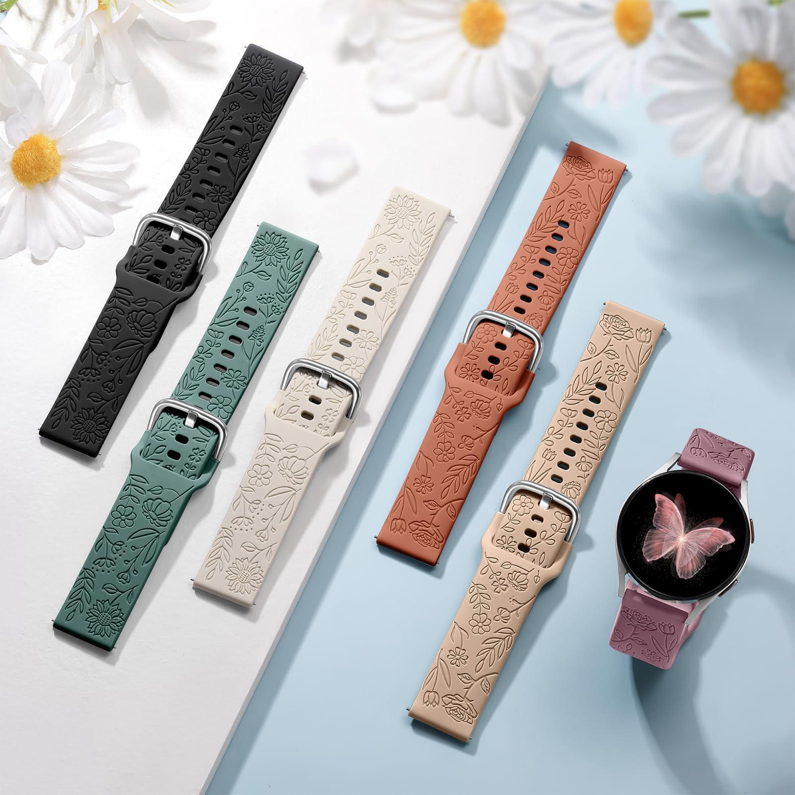 SNBLK 6 Pack Floral Engraved Bands Compatible with Samsung Galaxy Watch 7 Band 6 5 4 Active 2 FE 40mm 44mm/Watch 6/4 Classic/5 Pro/3, 20mm Cute Flower Silicone Sport Strap for Samsung Watch Bands Women - Image 3