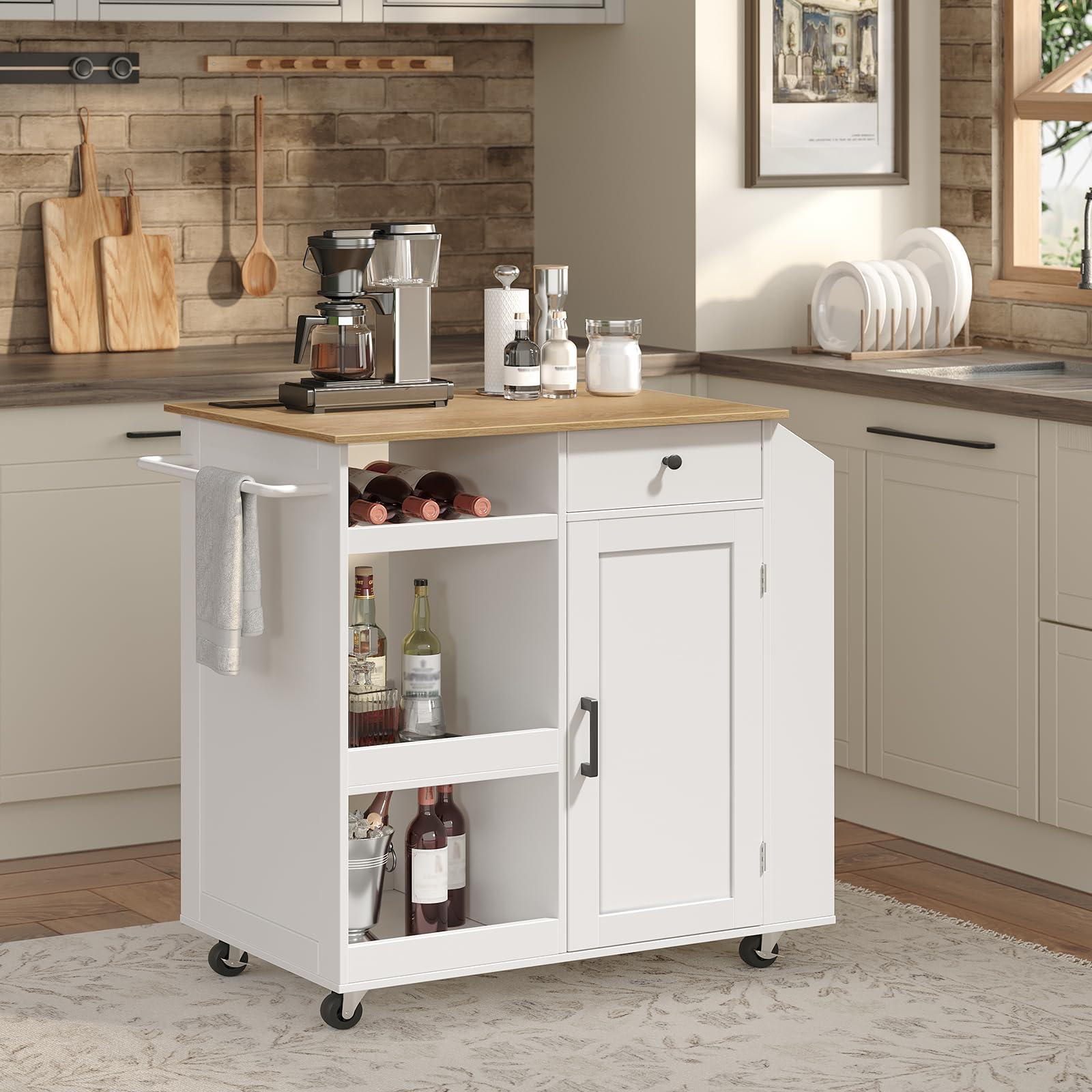 MAHANCRIS Kitchen Island with Power Outlet, Kitchen Island Cart with Drawer, Island Table for Kitchen, Spice Rack, Towel Rack, Wine Rack, for Dining Room, White and Natural KINW122E01N1 - Image 2