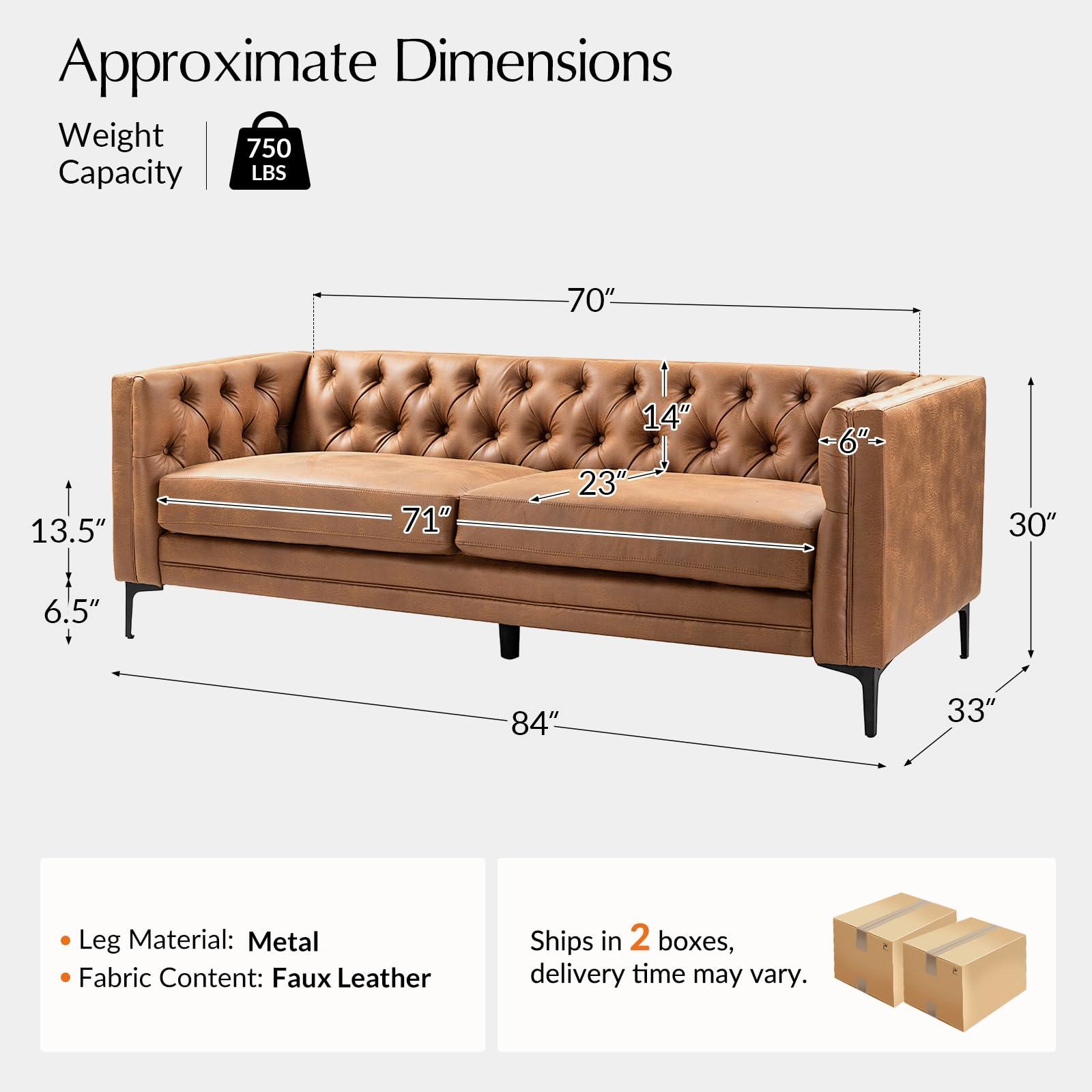 HULALA HOME 84" W Faux Leather Sofa Couch with Metal Legs, Button-Tufted 3-Seater Sofa, Mid Century Modern Upholstered Couch for Living Room, Entertainment Area, Apartment,Camel - Image 2