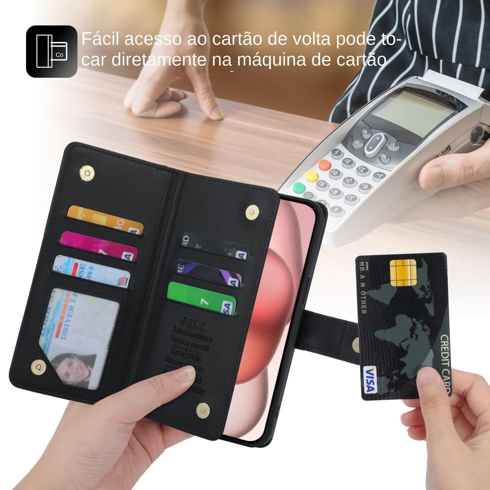 for iPhone 16 Pro Max Phone Case Leather Wallet Pocket Folio Flip Cover Kickstand, 3 Layer Multi Card Holder Cash Slot Photo Bag, Golden Love Zipper Puller + Magnetic Buckle, Wrist Strap - Image 4