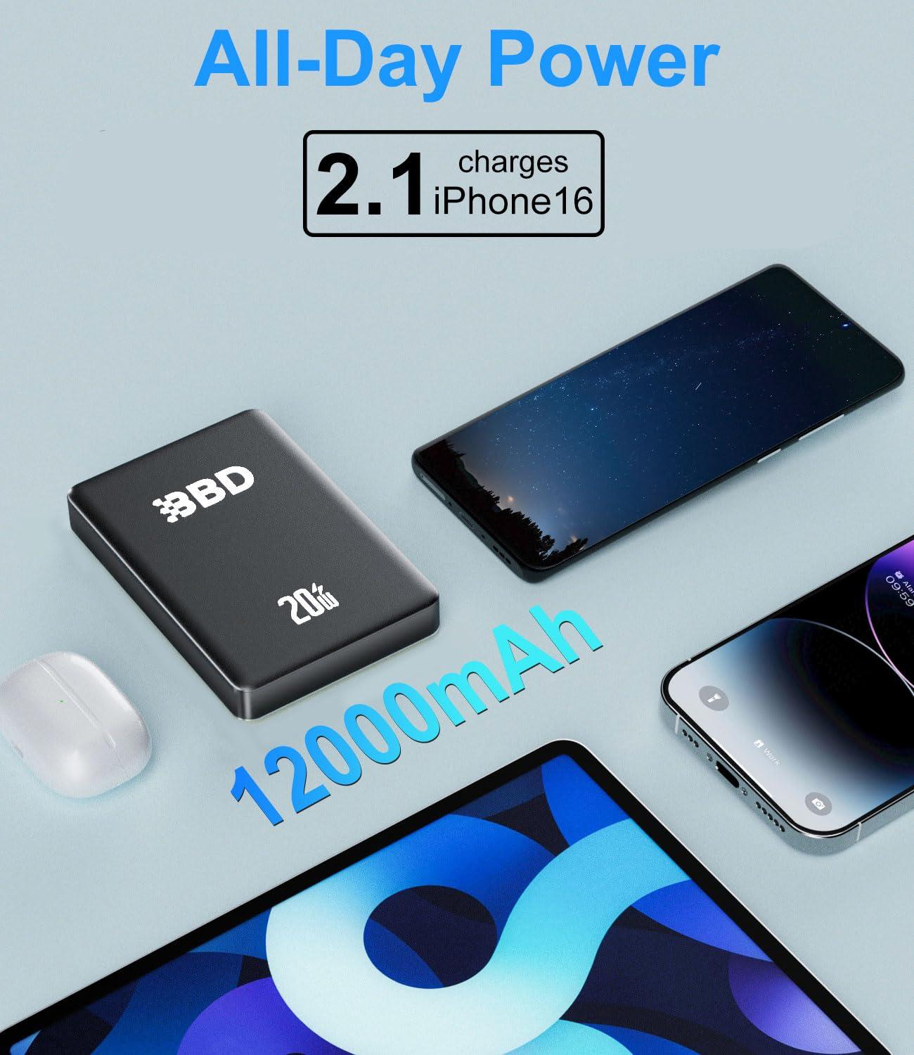 BBD Magnetic Power Bank for iPhone,12000mAh Magsafe Battery Pack with 20w Fast Charging,Slim Magsafe Power Bank USB C in&Out,Wireless Portable Charger for iPhone 16/15/14/13/12 Series 1 Pack - Image 6