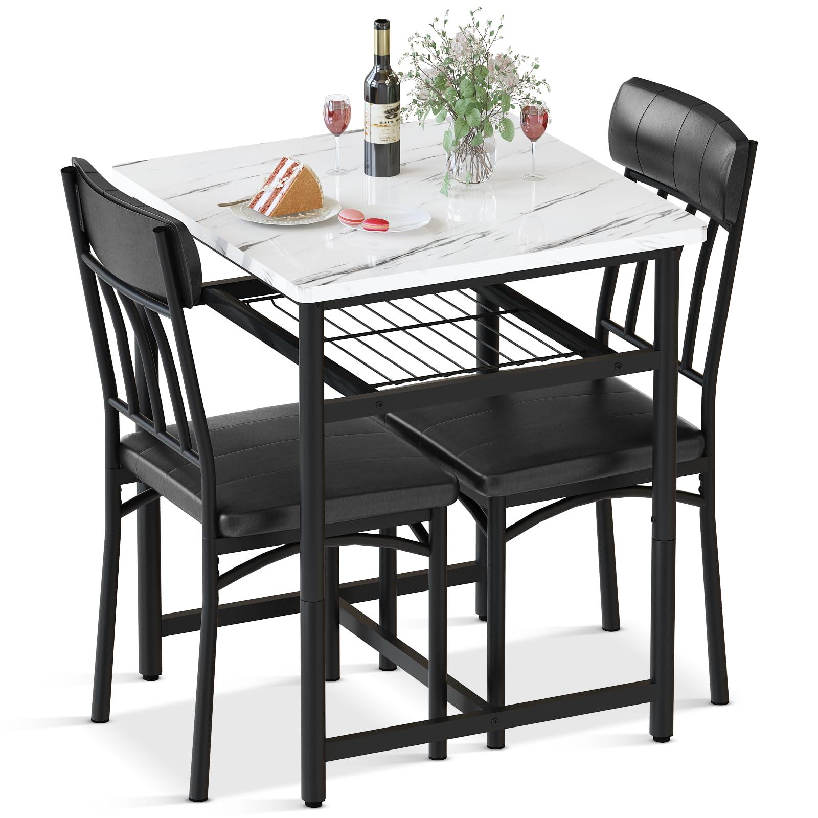 Lamerge 3-Piece Marble Table and Chairs Set, Kitchen Table and Leather Chairs for 2 People, Built-in Wine Rack for Small Space, Square Dinette Kitchen Table Set for Apartment, Studio, Home & Office - Image 7