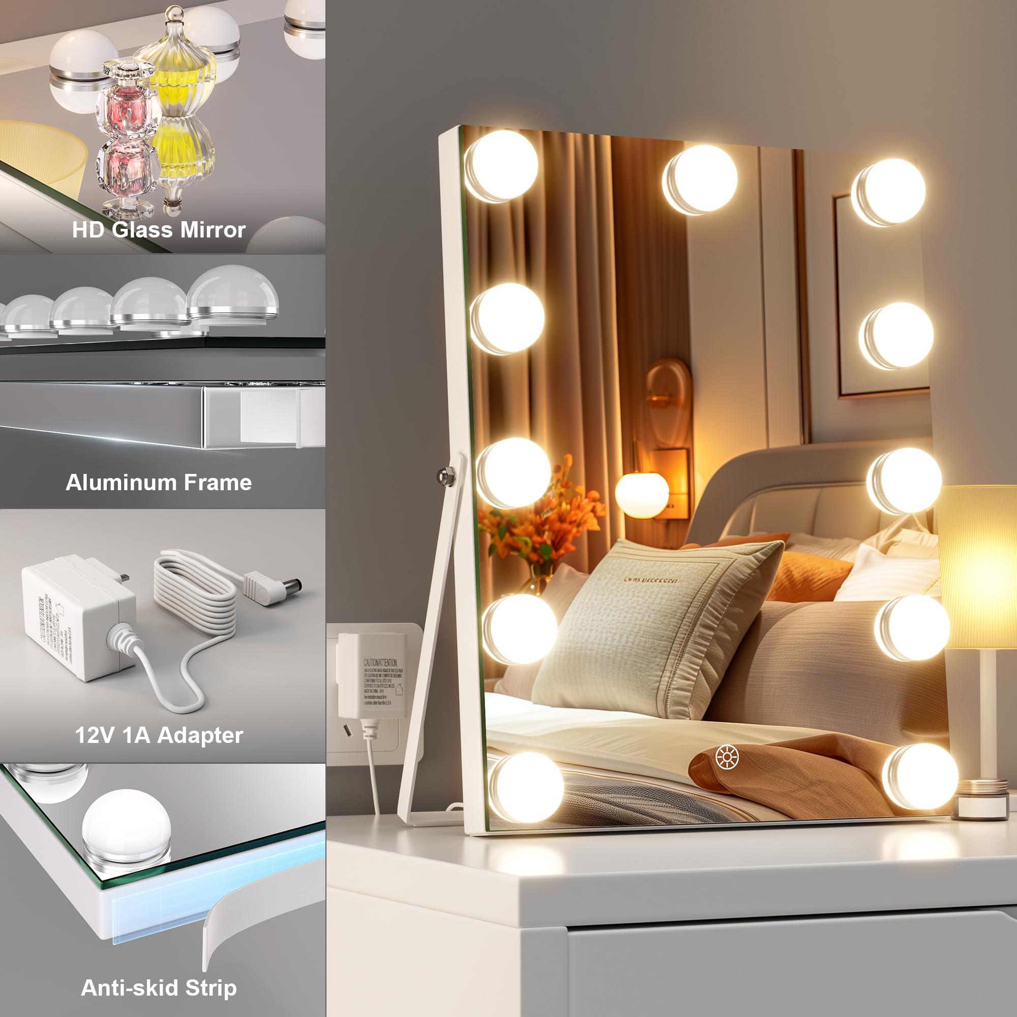Hasipu Vanity Mirror with Lights, 11" x 14" Hollywood Mirror, Makeup Mirror with 11 Dimmable Bulbs and 10X Magnification, 3 Colors Modes, Touch Control, USB Charging Port, 360° Rotation, White - Image 7