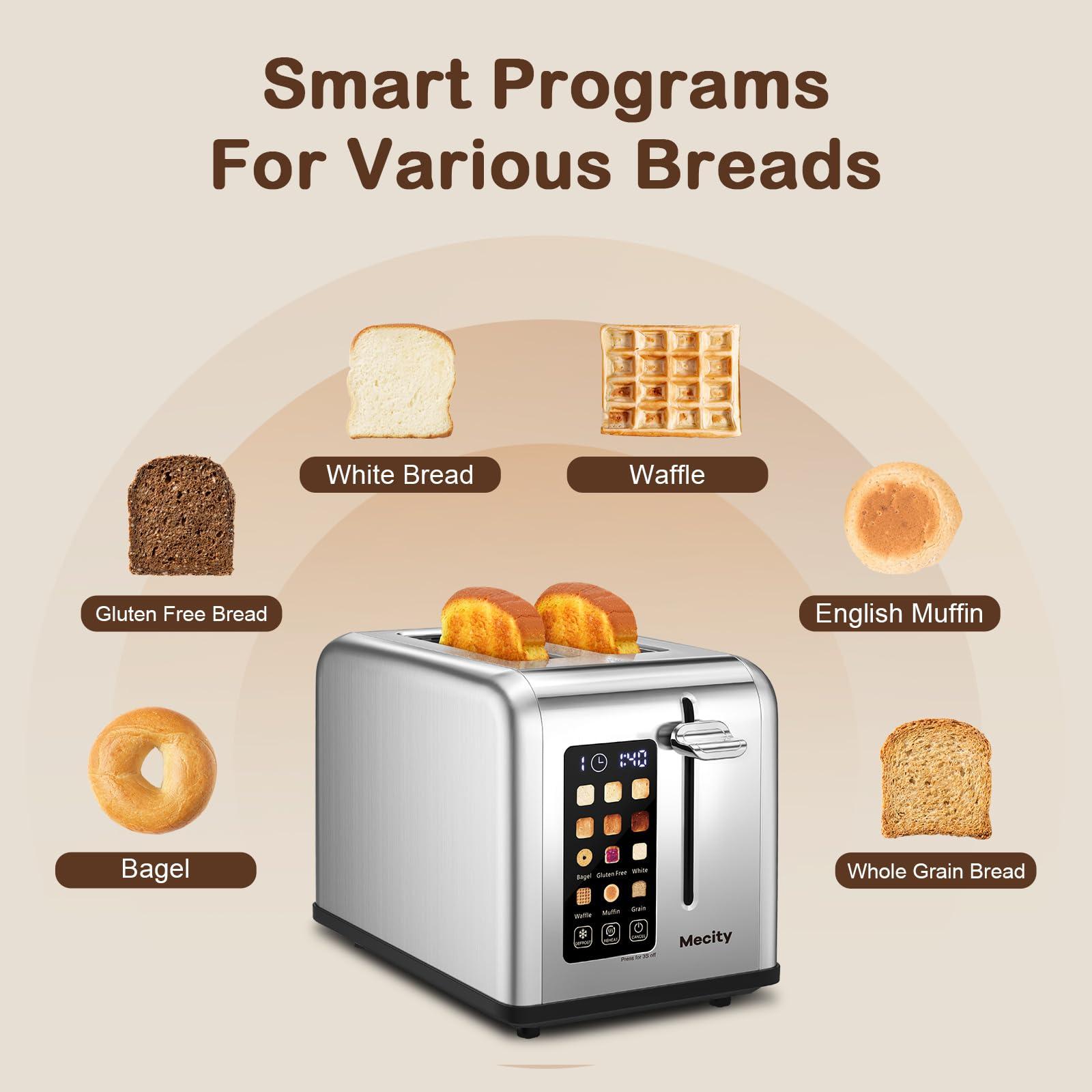 Mecity 2 Slice Toaster Touch Screen 1.5" Wide Slot, Stainless Steel Smart Bread Toaster for Bagel Muffin Waffle Gluten Free Breads, Timer, Defrost, Reheat, 120V 825W - Image 4