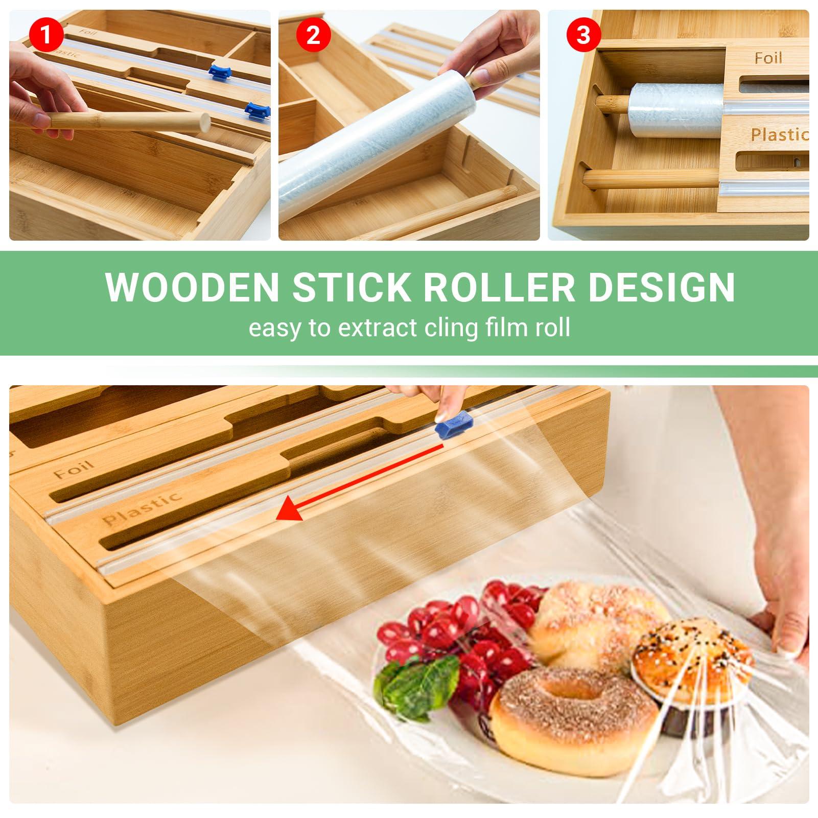 WHOMASS Bamboo Kitchen Drawer Organizer 7-in-1 for Food Bags and Wraps Adjustable Compartment Storage with Baggy Rack Dispenser and Cutter Fits Gallon Quart Sandwich and Snack Sizes - Image 4