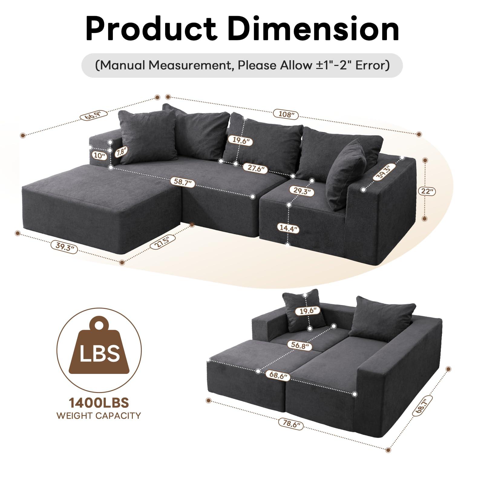 Vamcheer Modular Sectional Sofa with Chaise, Modern L Shaped Cloud Couch with Deep Seat, Sectional Couches for Living Room, Bedroom, Office, No Assembly Required, Gray - Image 2