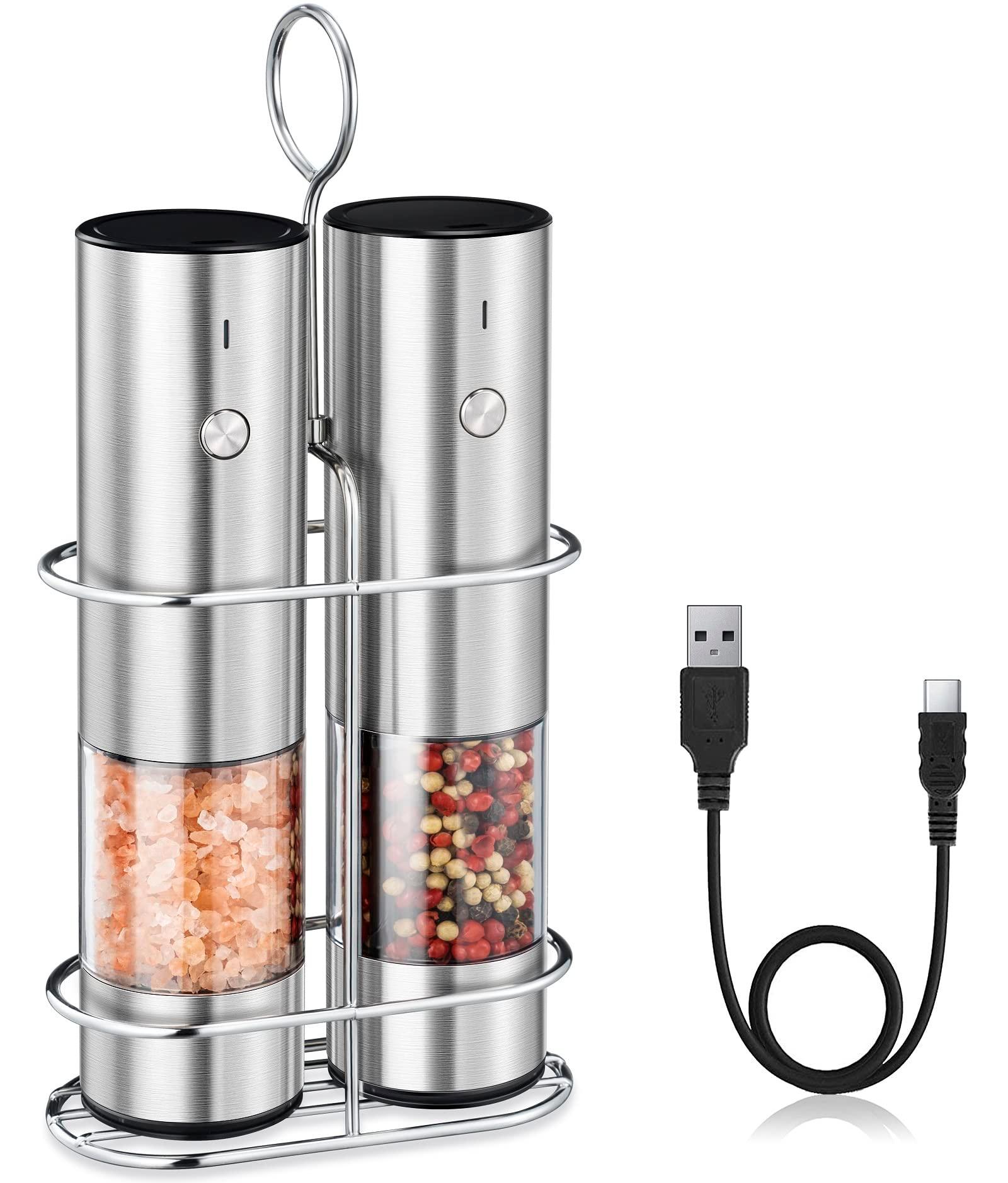 Rechargeable Electric Salt and Pepper Grinder Set with Holder - Nicely Packaged Giftable - No Battery Needed - Automatic Pepper Mill & Adjustable Coarseness & LED Light Refillable - Stainless Steel