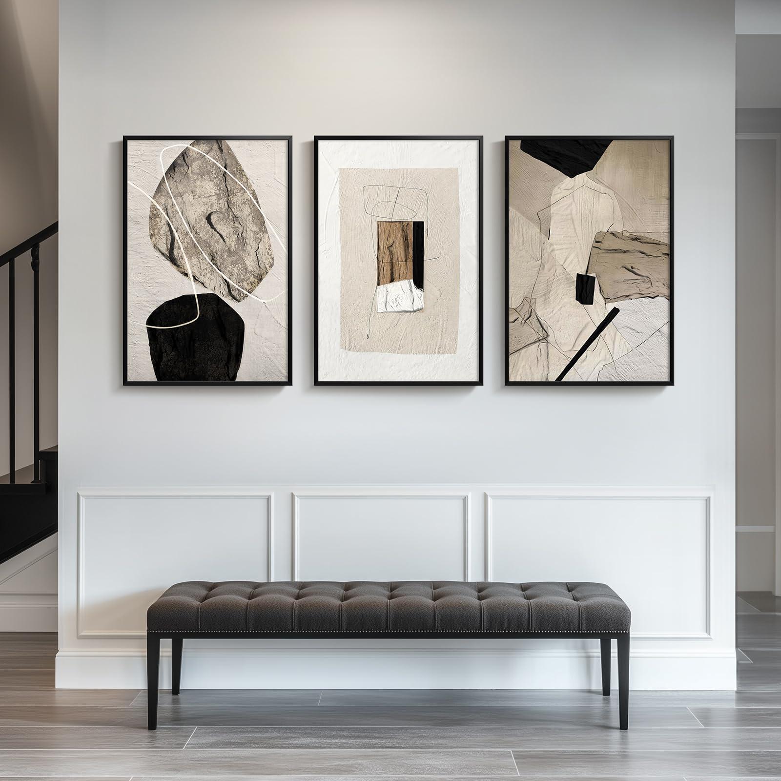 Large Framed Neutral Abstract Wall Art for Living Room, 3 Piece Modern Canvas Prints Paintings Artwork for Walls, Black and Beige Pictures for Living Room Hallway Stair Office Wall Decor 24x36 Inch - Image 5