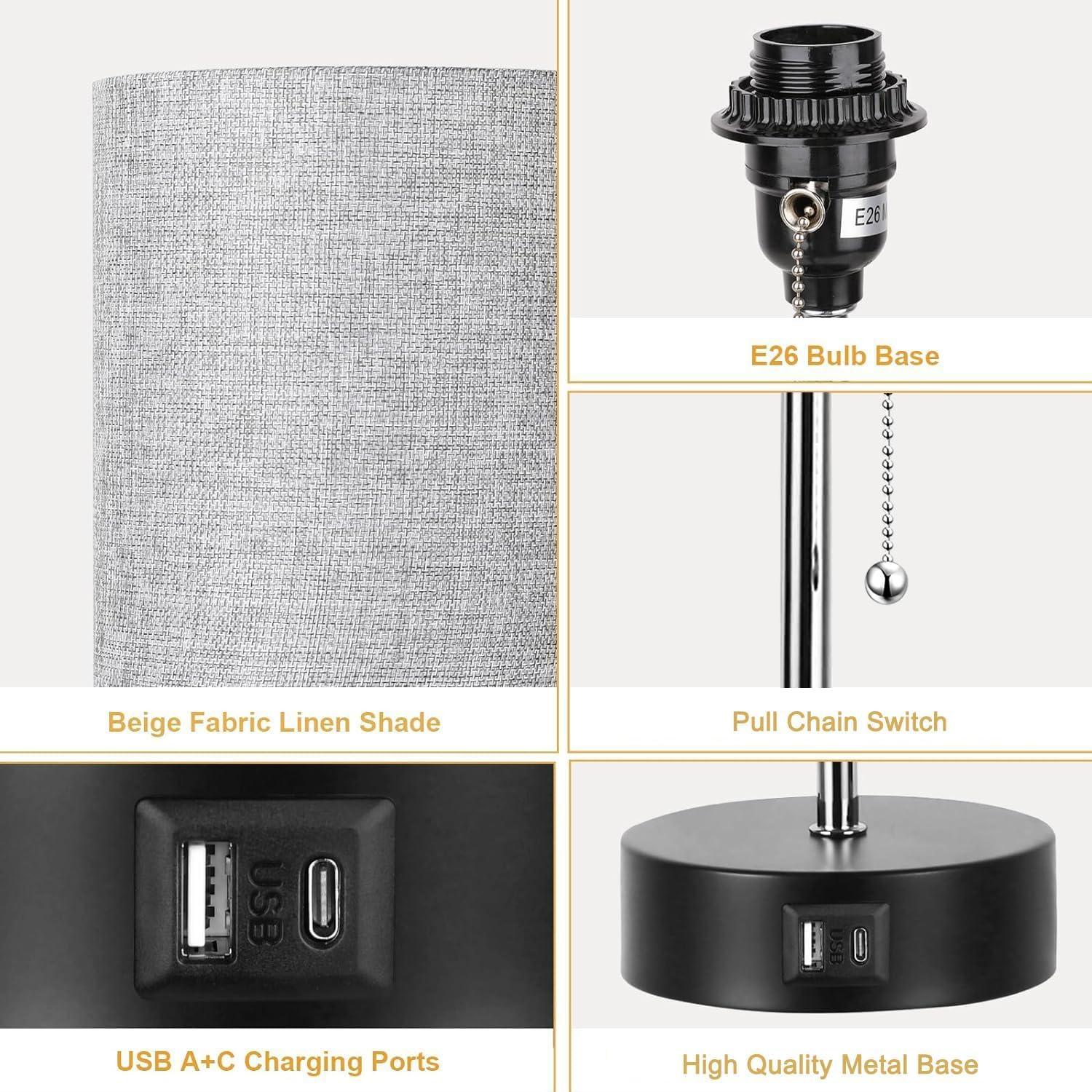 3-Color Temperature Bedside Lamp Nightstand Lamp with USB A Port and C Port, Table Lamp for Bedroom with LED Bulb Small Lamps for Living Room (Gray) - Image 6