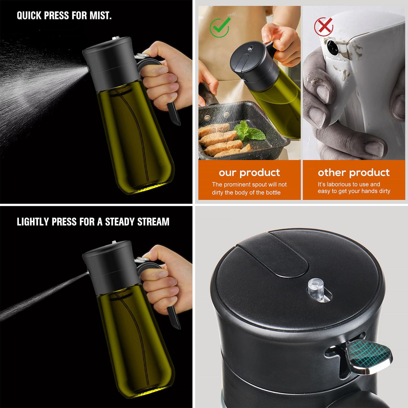 hoforife Glass Olive Oil Dispenser for Kitchen, 2 In 1 Oil Dispenser Bottle & Oil Sprayer for Cooking, Auto Flip Cap, 18oz Black (Light Blockage) - Image 5