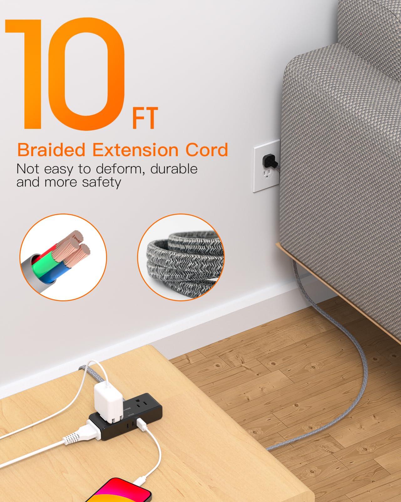 Extension Cord 10 ft, BESHON Flat Plug Power Strip, 4 Widely Outlets with 3 USB Ports (2 USB C), Extension Cord with Multiple Outlets for Home, Office, Dorm Room Essentials, Black - Image 2