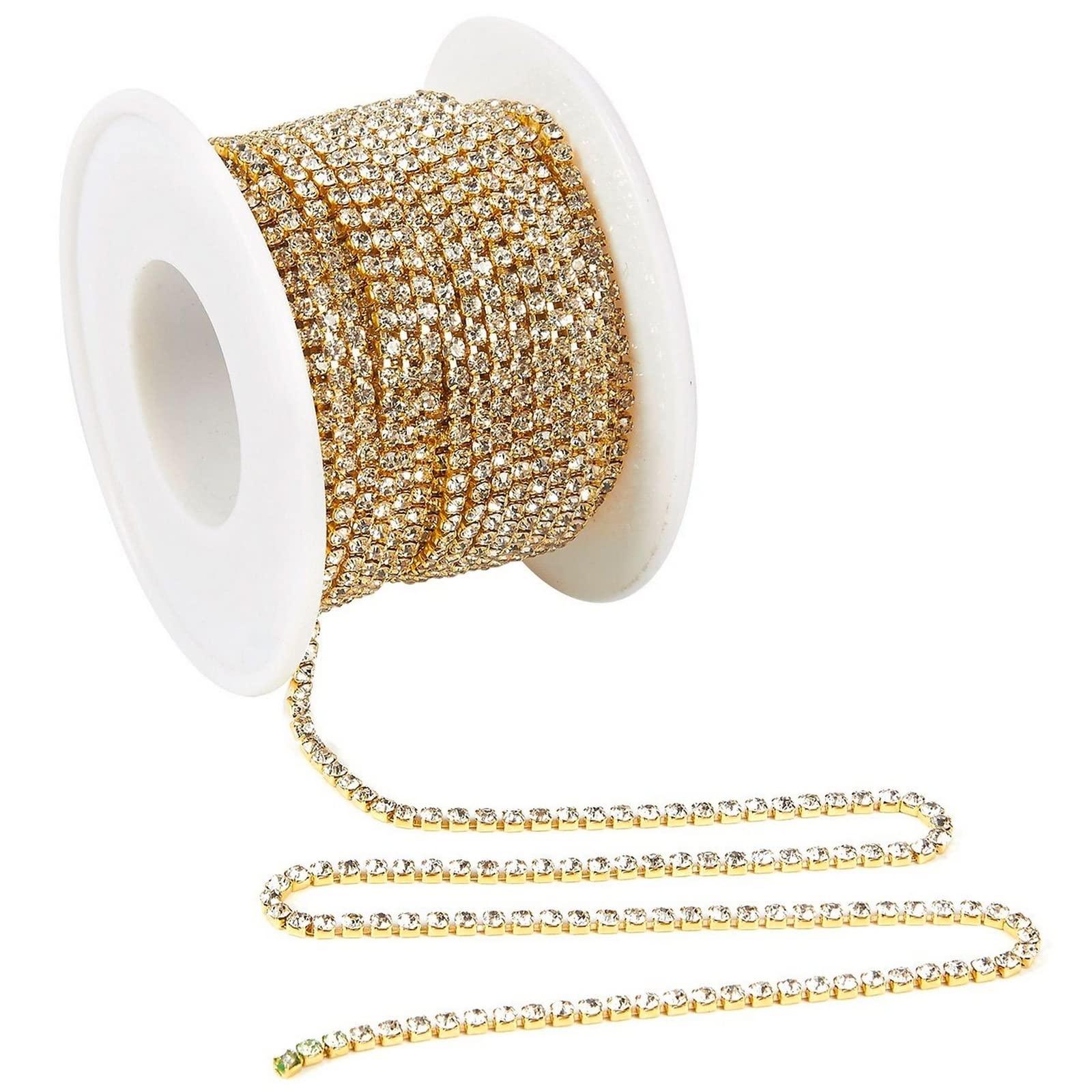 Sustainable Greetings 11 Yards Rhinestone Chain, Gold Trim String for DIY Jewelry Making, Crafts, Shoe Charms (2mm Wide Rhinestone Trim)