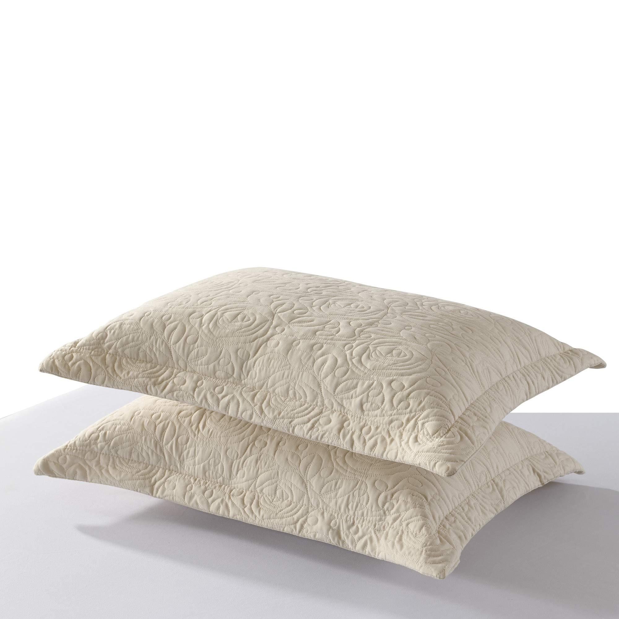 MarCielo 2-Piece Embroidered Pillow Shams, Queen Size Decorative Microfiber Pillow Covers Set, Standard Size Beige