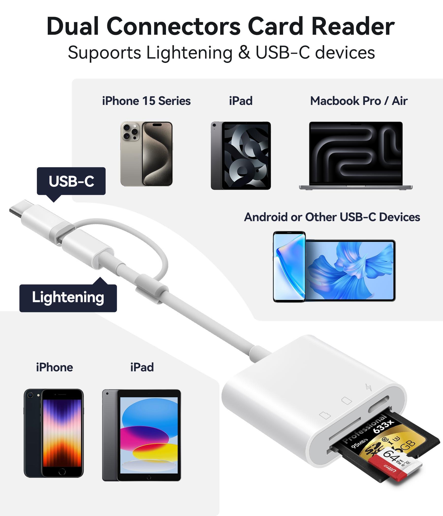 SD Card Reader for iPhone iPad, Oyuiasle Digital Trail Camera SD Card Viewer with Dual Slot for MicroSD/SD, Lightening&USBC Dual-Connector Memory Card Adapter for Photography, Plug and Play - Image 2