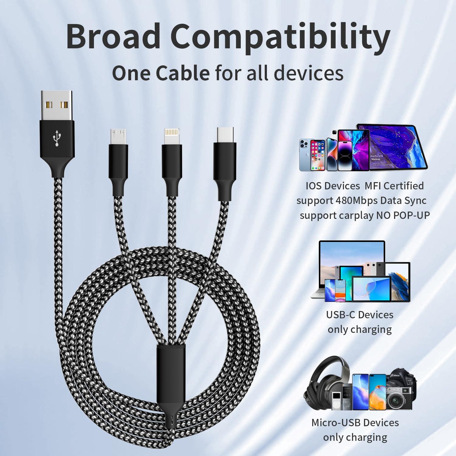 Firsting Multi Charging Cable,(2Pack 4FT) 3 in 1 Charging Cable for Multiple Devices, Nylon Braided Universal Charger Phone Charger Cord with Type-C,Micro USB,IP Port for iPhone16/15 Series/Phone&Pad - Image 6
