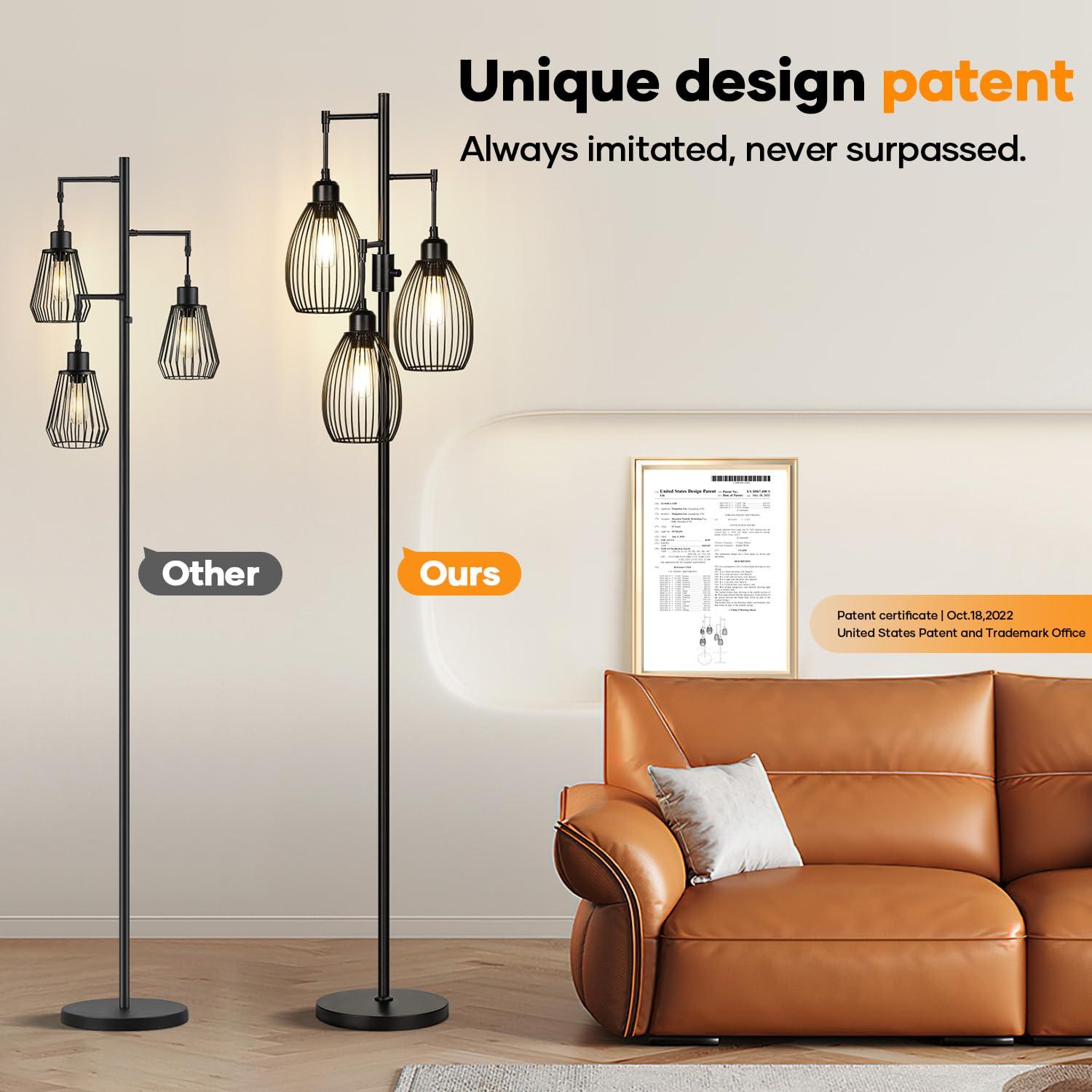 Dimmable Floor Lamp, 3 x 800LM LED Edison Bulbs Included, Farmhouse Industrial Floor Lamp Standing Tree Lamp with Elegant Teardrop Cage Tall Lamps for Living Room Bedroom Office Dining Room-Black - Image 7