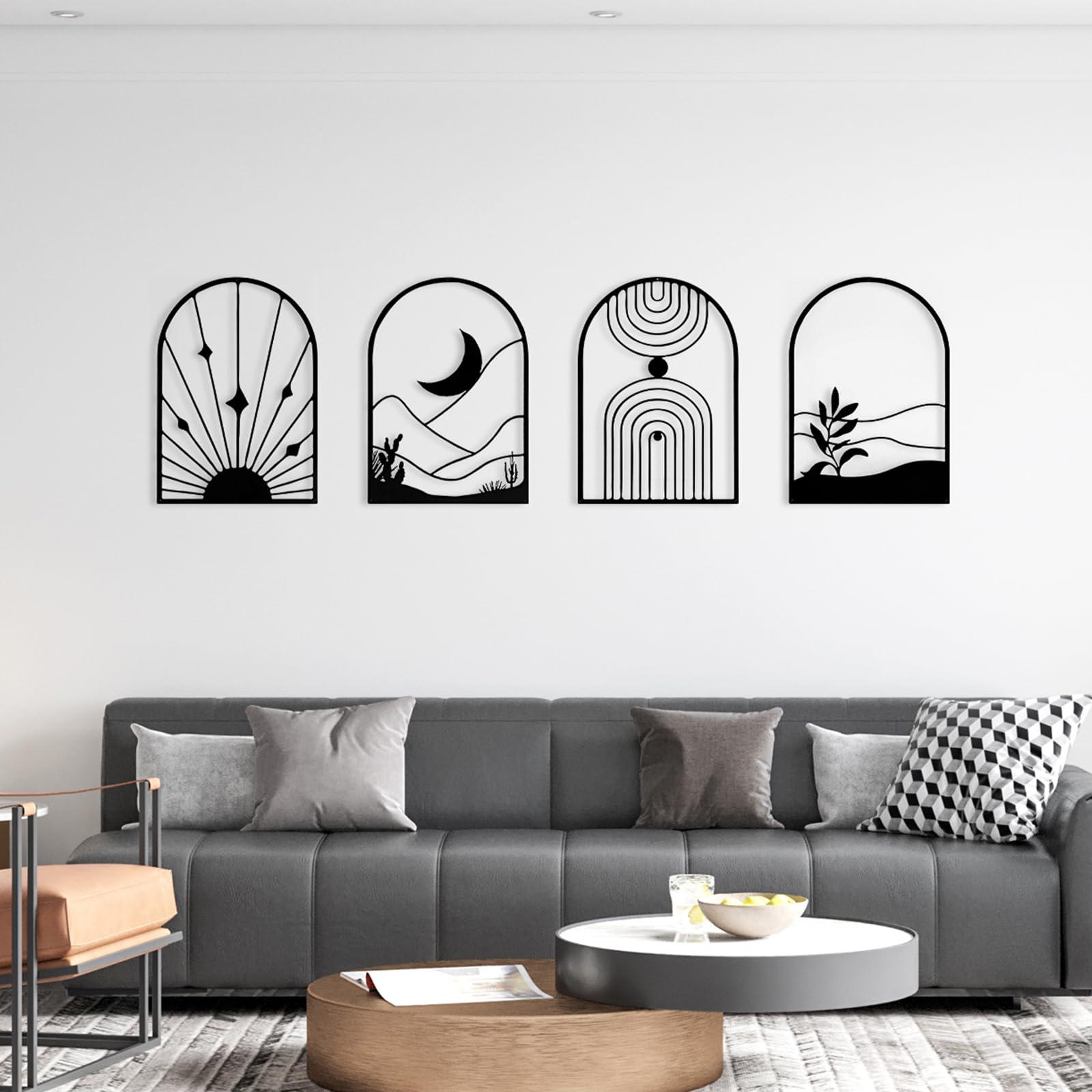 WOWSTAR 4 Pcs Black Large Metal Wall Art, 17x12 Inch Modern Minimalist Iron Wall Sculpture, 3D Textured Art Wall Décor for Living Room, Dining Room, Bedroom, Office
