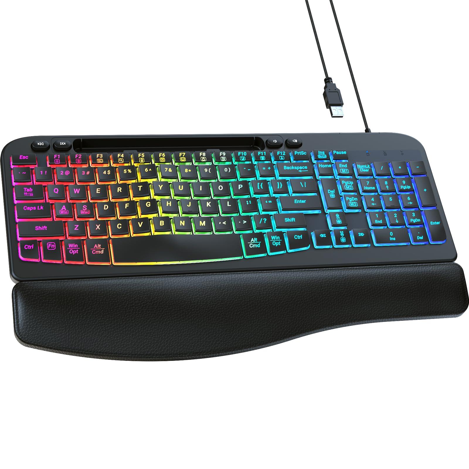 VEILZOR Ergonomic Backlit Keyboard with Wrist Rest, 7 Colors USB Wired Computer Keyboard, Wave Keys, with Phone/Tablet Holder, Comfortable Lighted Keyboard for PC, Windows and Mac