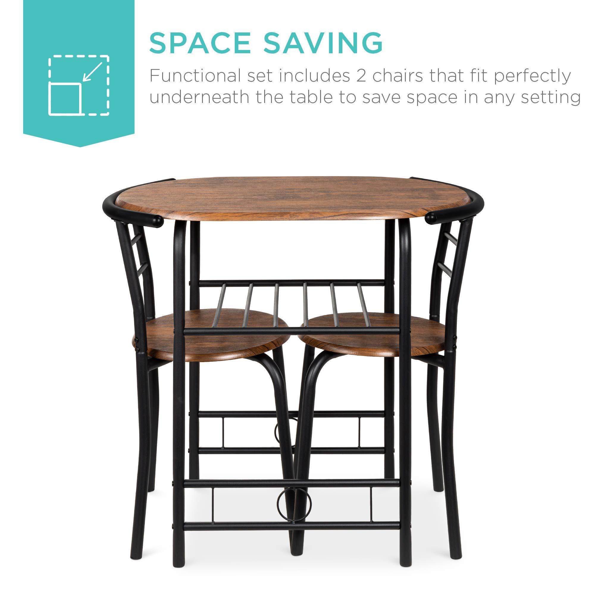 Best Choice Products 3-Piece Wooden Round Table & Chair Set for Kitchen, Dining Room, Compact Space w/Steel Frame, Built-in Wine Rack - Black/Brown - Image 3