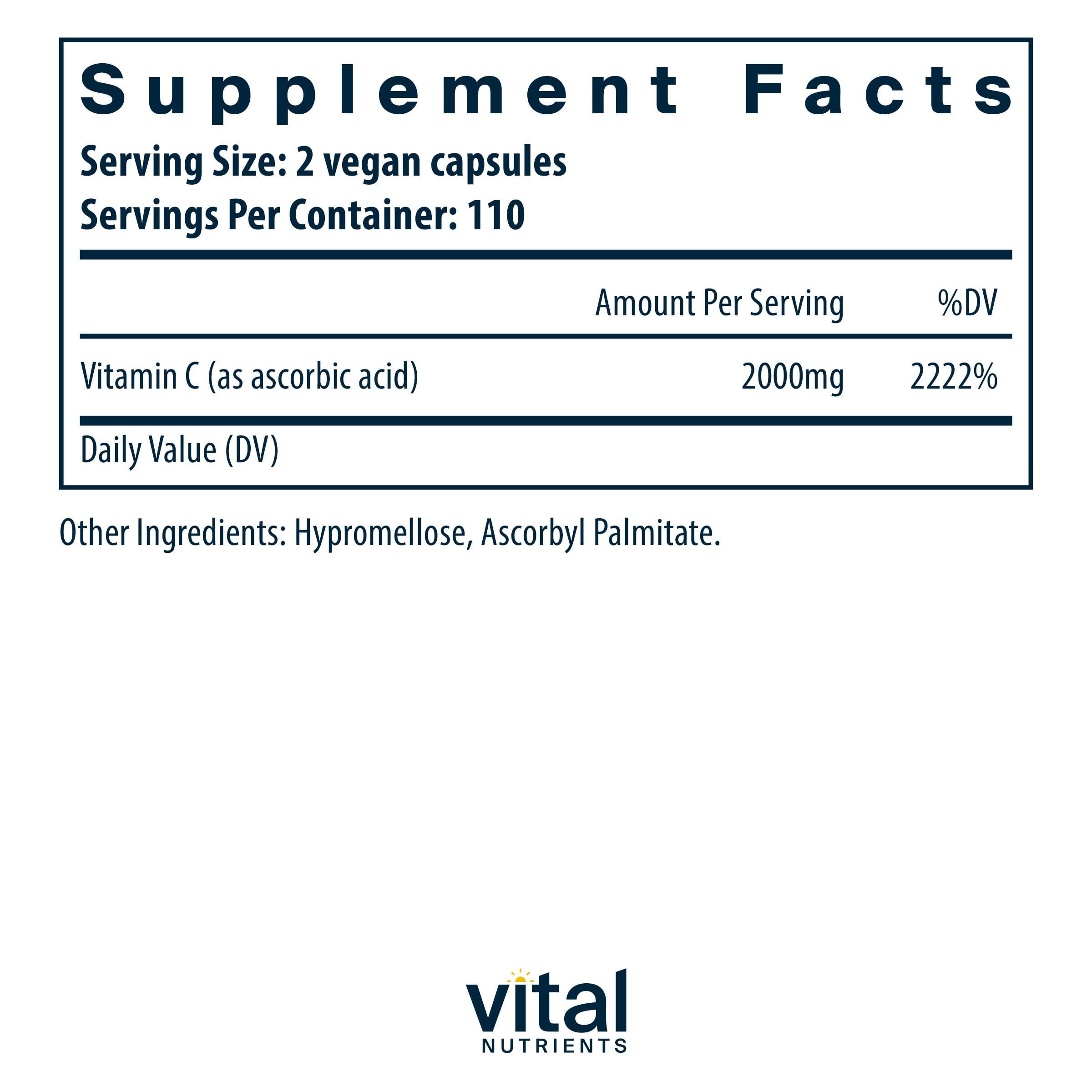 Vital Nutrients Vitamin C 1000mg (100% Pure Ascorbic Acid) | Vegan Antioxidant Supplement for Immune Support and Iron Absorption* | Gluten, Dairy and Soy Free | Non-GMO | 220 Capsules - Image 2