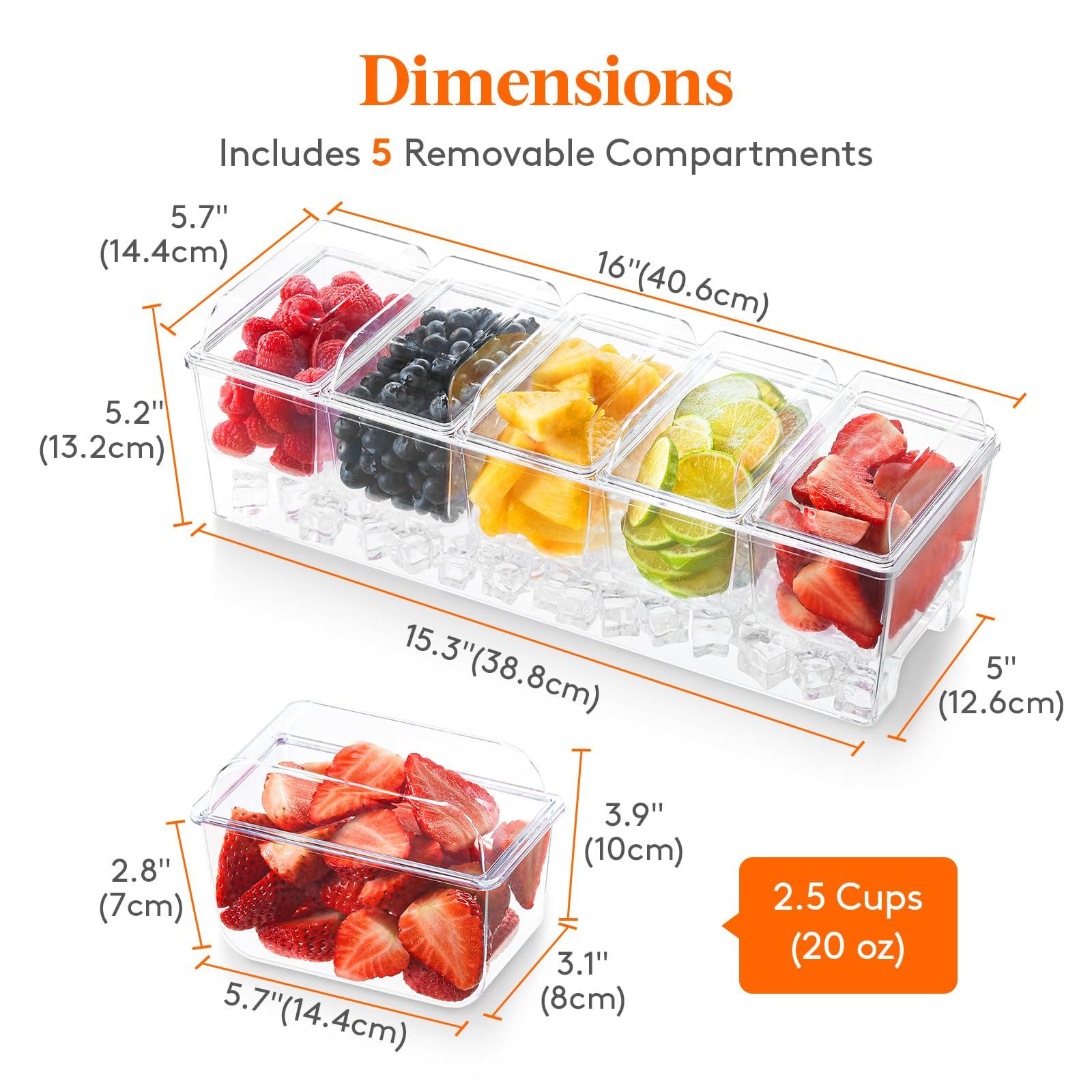 Lifewit Ice Chilled Condiment Caddy with 5 Containers(2.5 cup), Condiment Server with Separate Lids, Serving Tray Platter with Removable Dishes for Bar Accessories, Fruit, Salad, Taco, Party Garnish - Image 3