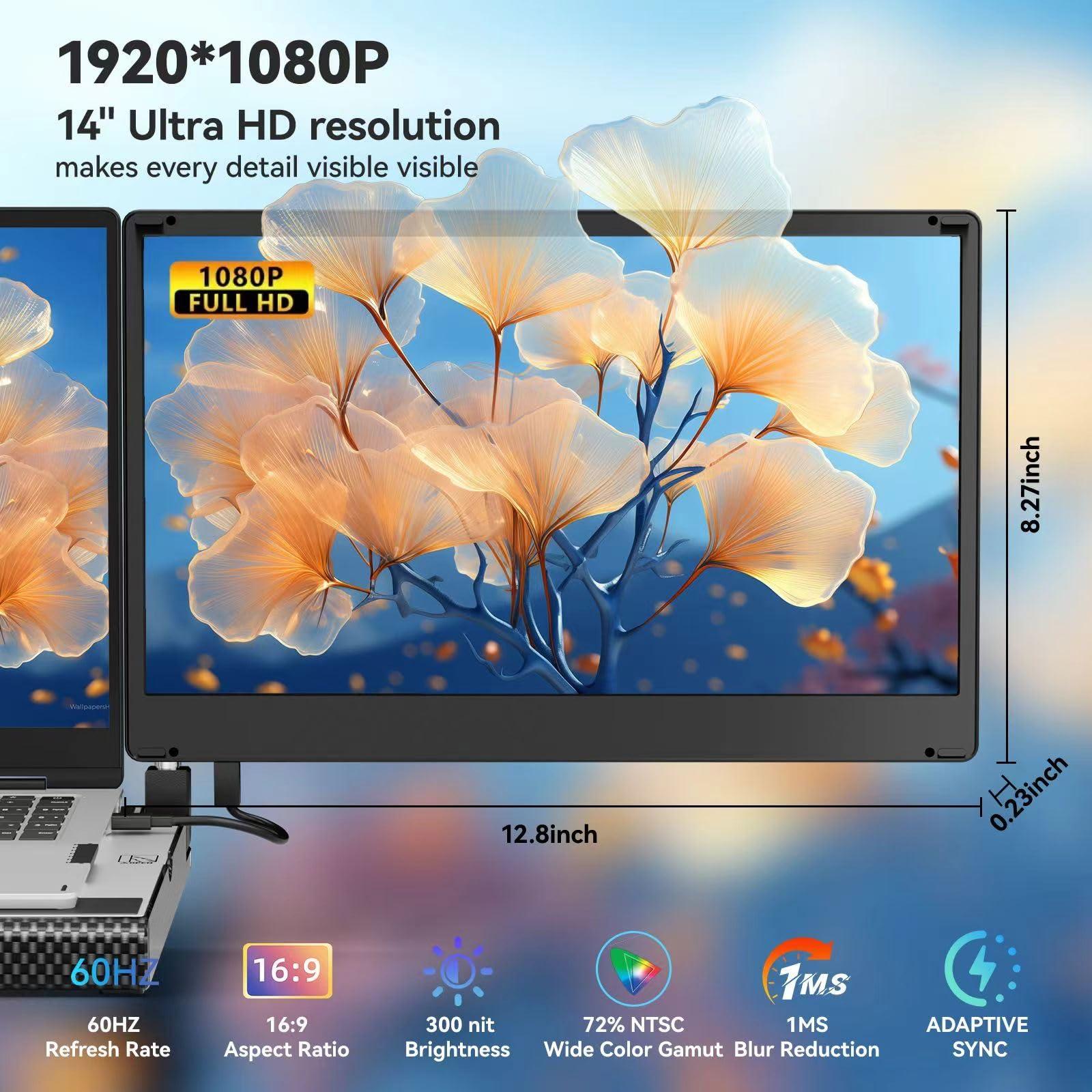 14" Laptop Screen Extender Smart Base - Upgraded Triple Portable Monitor FHD 1080P -300% More Efficient, 360° Rotation/Detachable Dual Display, Plug-Play USB C/HDMI,Laptop Monitor Extender for Win/Mac - Image 3