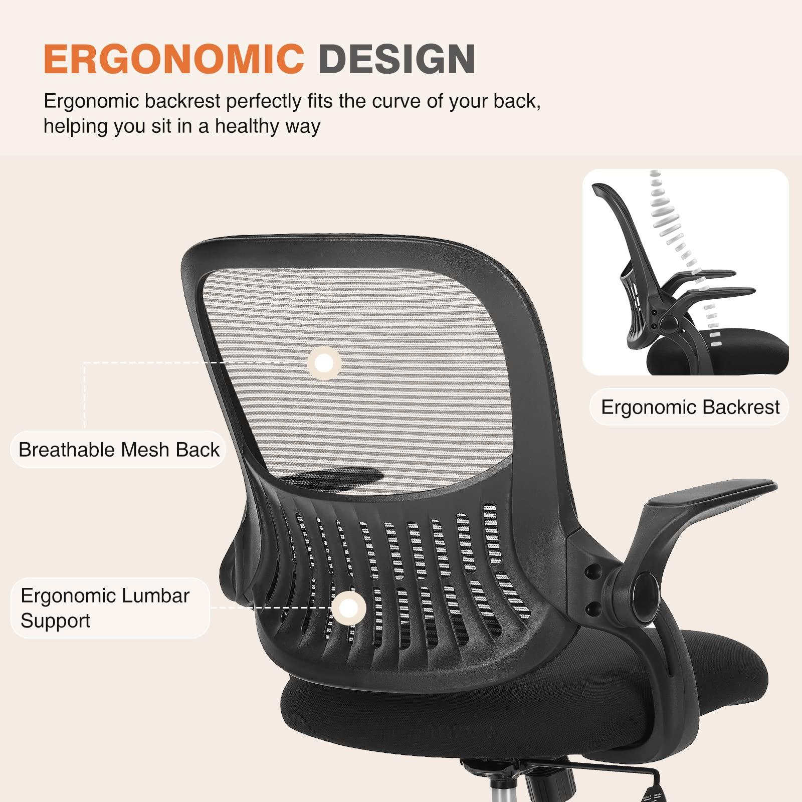 Sweetcrispy Office Computer Desk Chair, Ergonomic Mid-Back Mesh Rolling Work Swivel Task Chairs with Wheels, Comfortable Lumbar Support, Comfy Flip-up Arms for Home, Bedroom, Study, Student, Black - Image 3