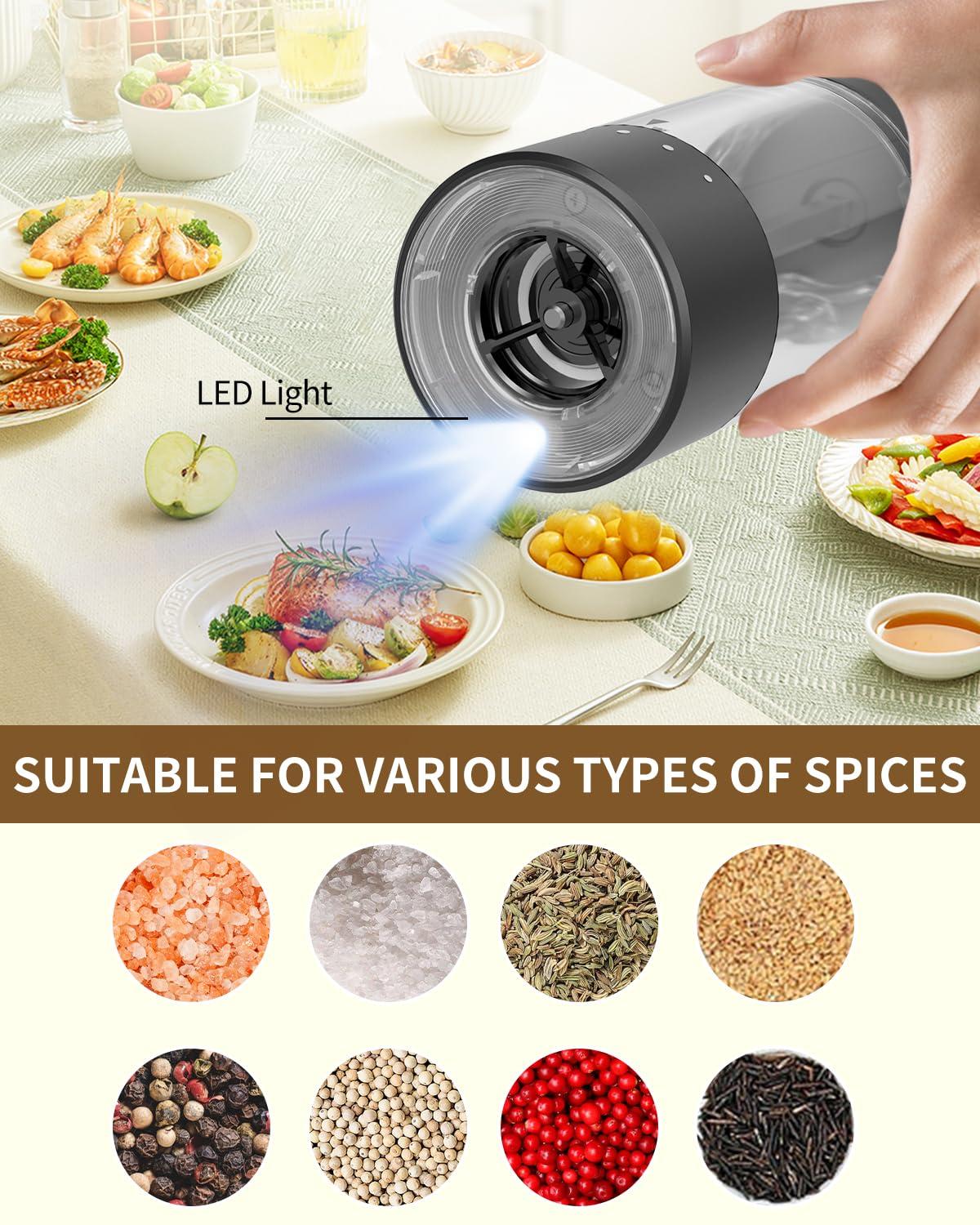 CIRCLE JOY Electric Salt and Pepper Grinder Set Automatic Salt and Pepper Grinder Set with Charging Base and White LED Light, Adjustable Coarseness, USB Rechargeable, Washable Container, White & Black - Image 7