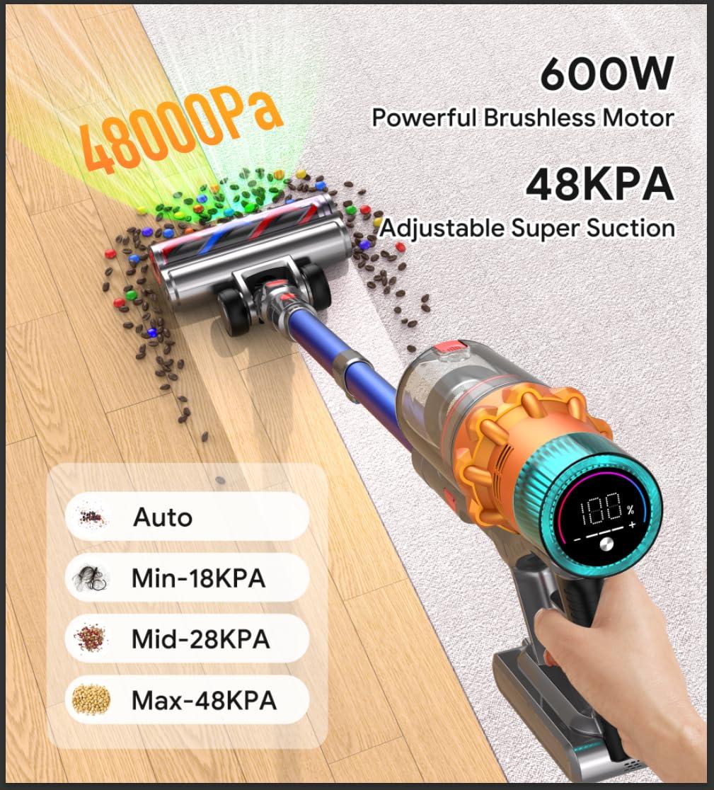 REBANIC Cordless Vacuum Cleaners for Home,8-in-1/65Min/600W/48Kpa Powerful Suction,Self-Standing Cordless Stick Vacuum Cleaner,Lightweight Anti-Tangle Rechargeable Vacuum for Floor/Carpet/Pet Hair/Car - Image 2