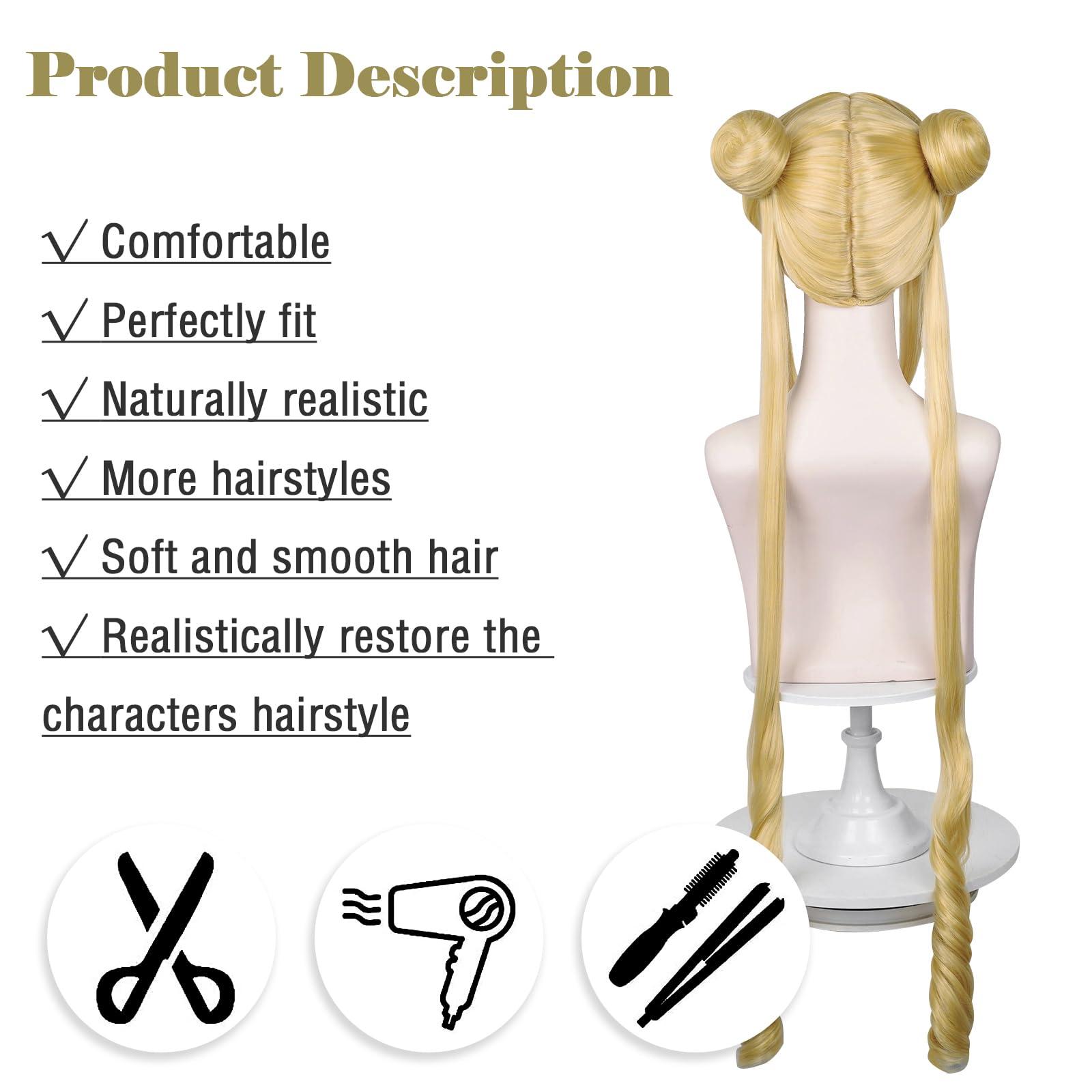 LABEAUTÉ Long Curly Blonde Ponytails Wig with Buns for Women Girls Cosplay Costume Anime Blonde Pigtails Wig with Bangs + Cap - Image 6