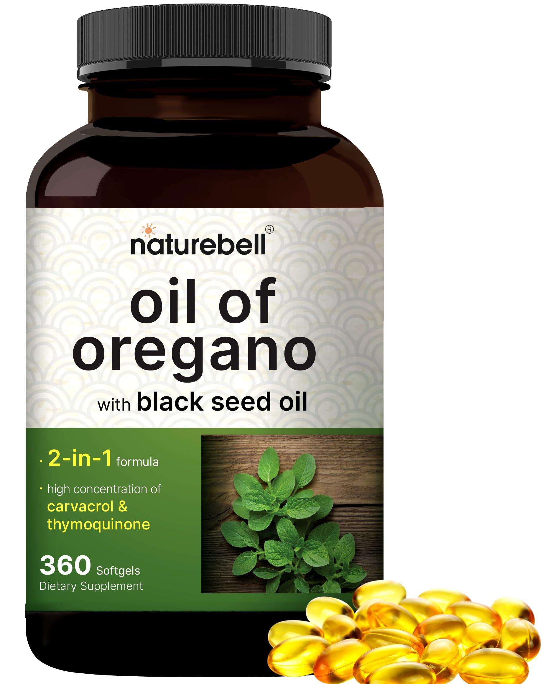 NatureBell Oregano Oil 7,500mg with Black Seed Oil, 360 Softgels | 360-day Supply Essential Oils for Immune Health | Retains High Concentrated Carvacrol & Thymoquinone – Non-GMO