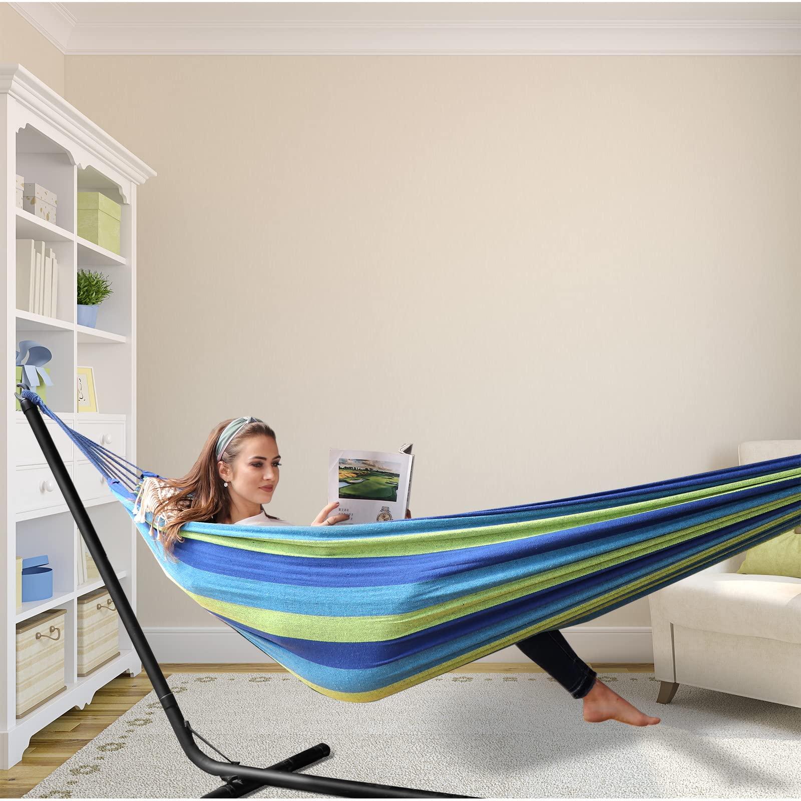 ANYOO Cotton Hammock Portable Camping Hammocks for Hanging Sturdy Garden Comfortable Fabric Hammock with Tree Straps Up to 660lbs with Travel Bag for Camping Outdoor/Indoor Patio Backyard - Image 2