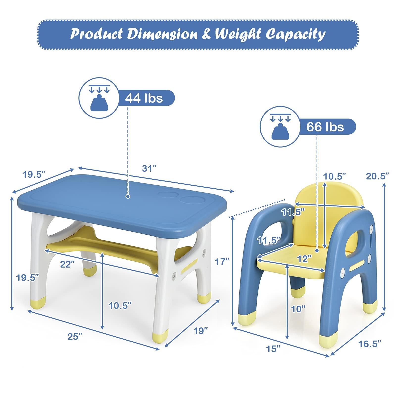 Costzon Toddler Table and Chair Set, Cute Dinosaur Children Activity Art Sturdy Desk Set w/Storage Rack & Montessori Toys Building Blocks, Kids Table and Chair for Baby Boys Girls (Blue) - Image 3