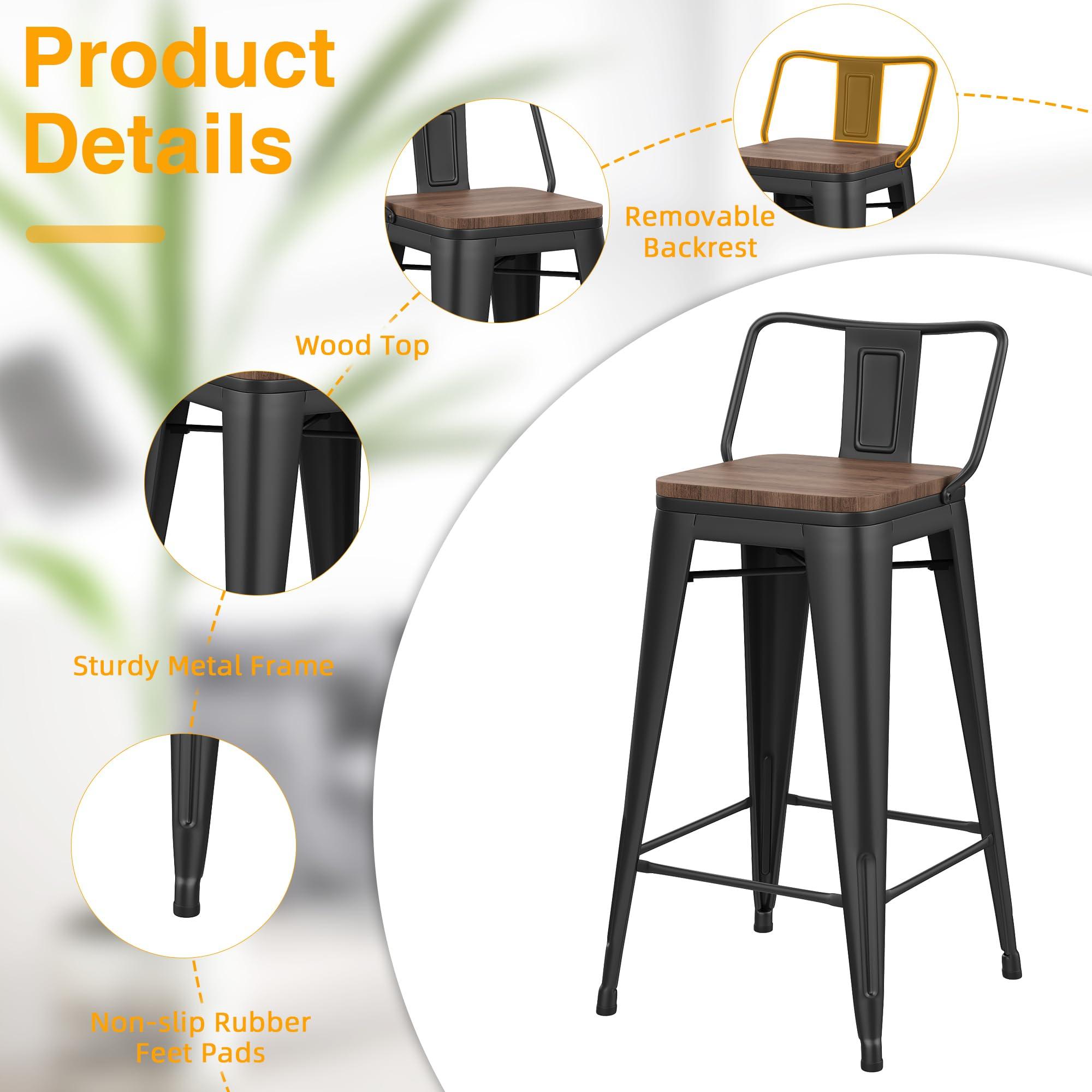 Yongchuang 30 inch Bar Stools Set of 4 Bar Height Metal Barstools with Wood Seat Low Back Kitchen Bar Chairs Matte Black - Image 5