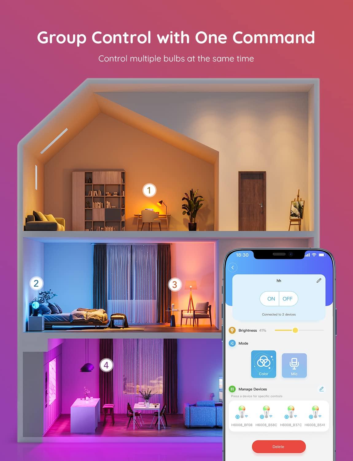 Govee Smart Light Bulbs, Color Changing Light Bulb, Work with Alexa and Google Assistant, 16 Million Colors RGBWW, WiFi & Bluetooth LED Light Bulbs, Music Sync, A19, 800 Lumens, 4 Pack - Image 5