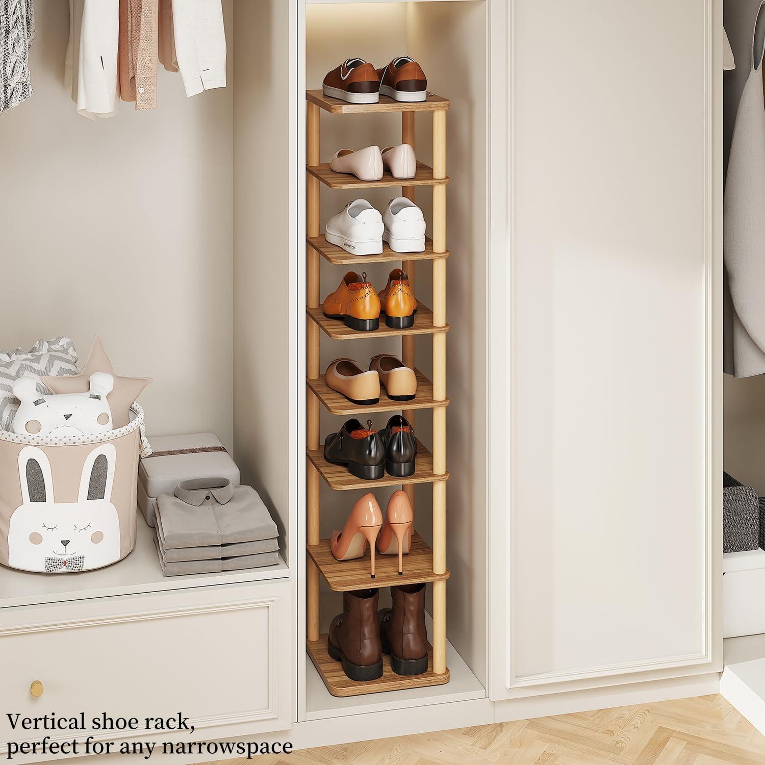 LUCKNOCK Vertical Shoe Rack, 8-Tier Tall Narrow Shoe Organizer for Entryway, Closet, Dorm & Small Spaces, Freestanding Wooden Shoe Shelf Tower for Boots, Sneakers, Heels. (Walnut) - Image 5
