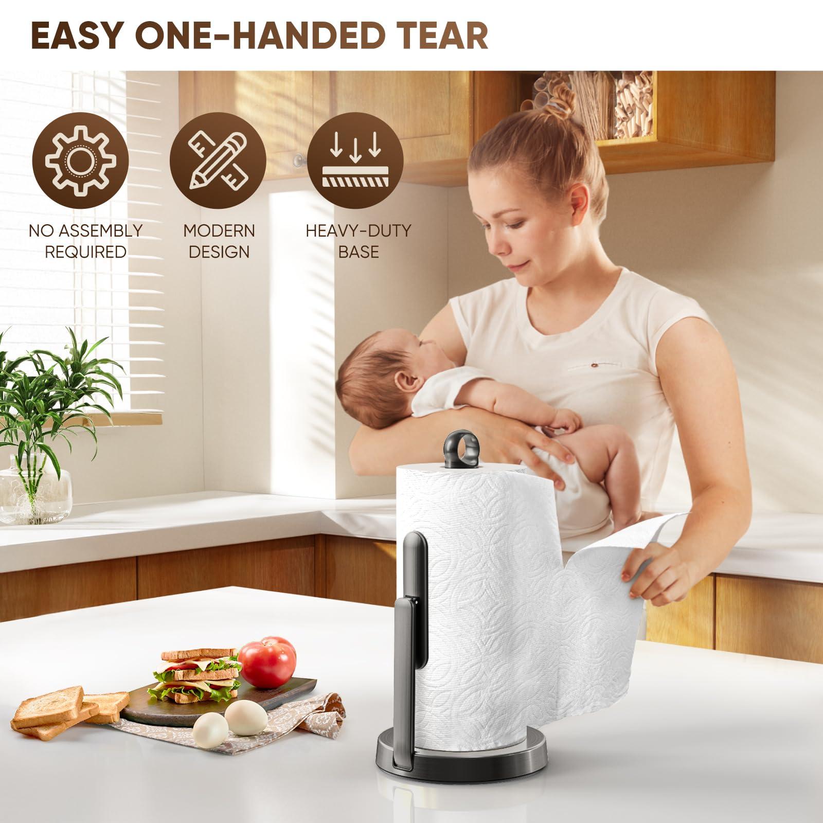 theaoo Heavy-Duty Stainless Steel Paper Towel Holder with Tension Arm – Easy One-Handed Tear, Modern Standing Countertop Dispenser for Kitchen, Holds All Paper Towel Rolls (1, Black) - Image 4