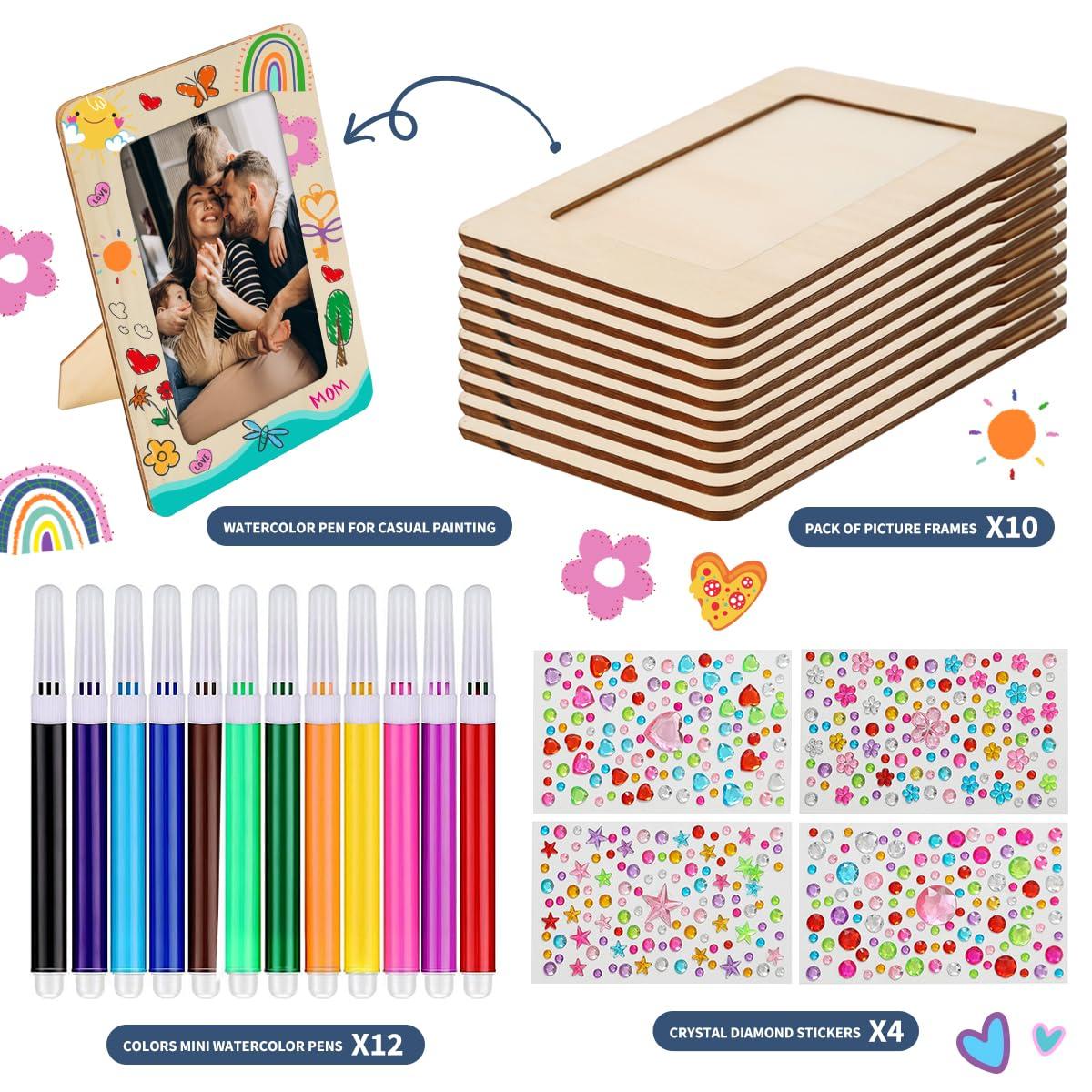 zjdbset Picture Frame Painting Craft Kit for 4 * 6 Photo,10Pcs DIY Unfinished Wooden Picture Frames with 12Pcs Painting Color Pen 4 Sheets Crystal Diamond Stickers for DIY Craft - Image 3