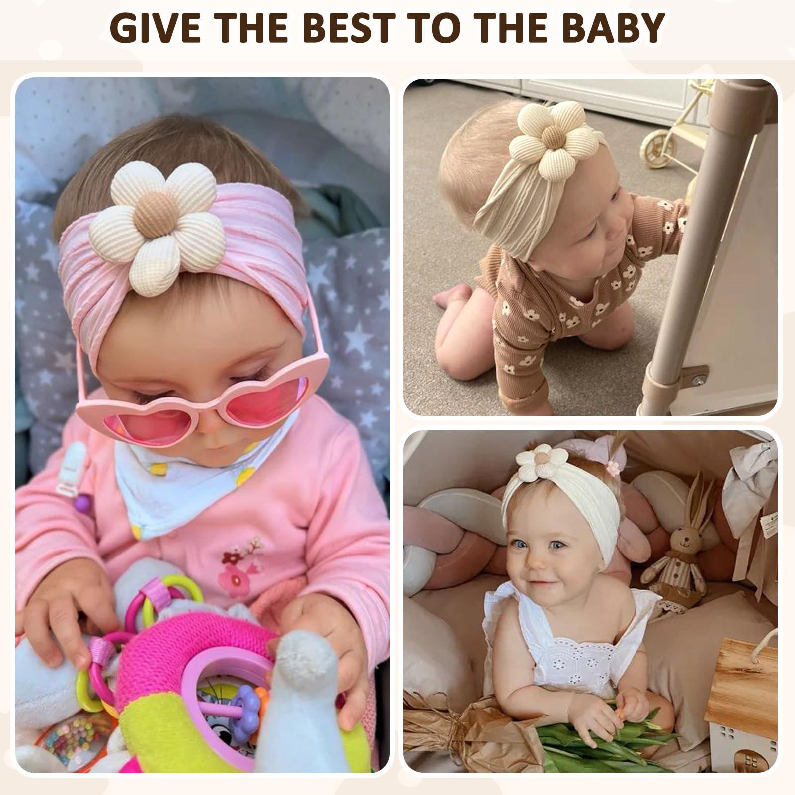 MIUXUESO 3 Pcs Baby Flower Headbands Baby Girls Nylon Headband Soft Hairbands Hair Accessories for Newborn Infant Toddler Kids (Beige Pink Khaki) - Image 4