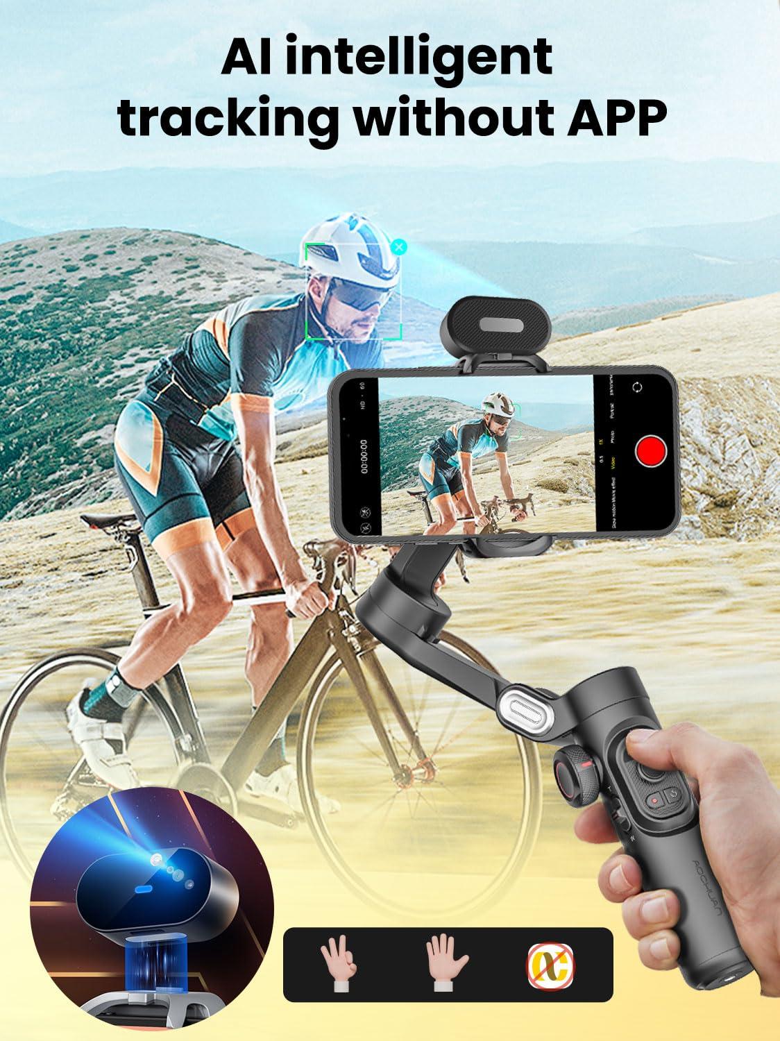 AOCHUAN XE AI Version,Gimbal Stabilizer for Smartphone,NO APP AI Tracking, Gesture Control,360°Inception Gimbal with TikTok YouTube,3-Axis Foldable Handheld Tripod for iPhone& Android,Black - Image 2