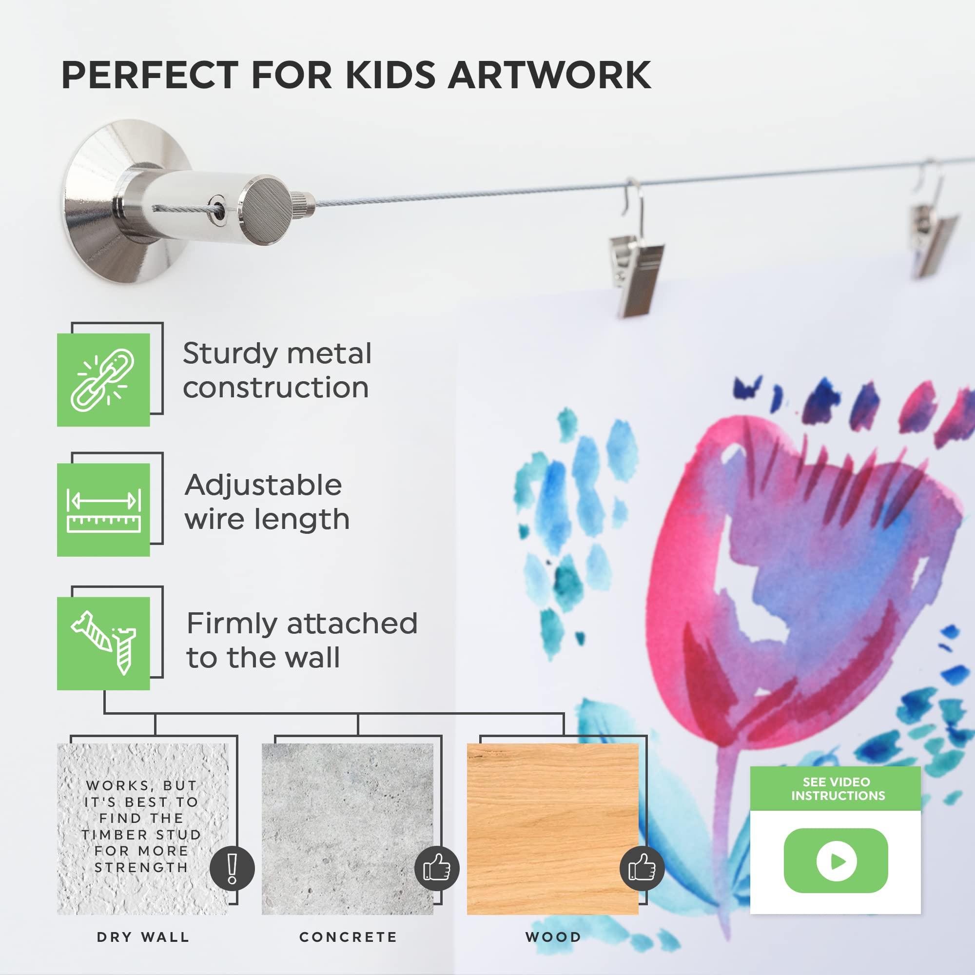 Art Display for Kids Artwork - 10ft Alloy Steel Wire with 48 Clips | Willow & Eva - Image 3